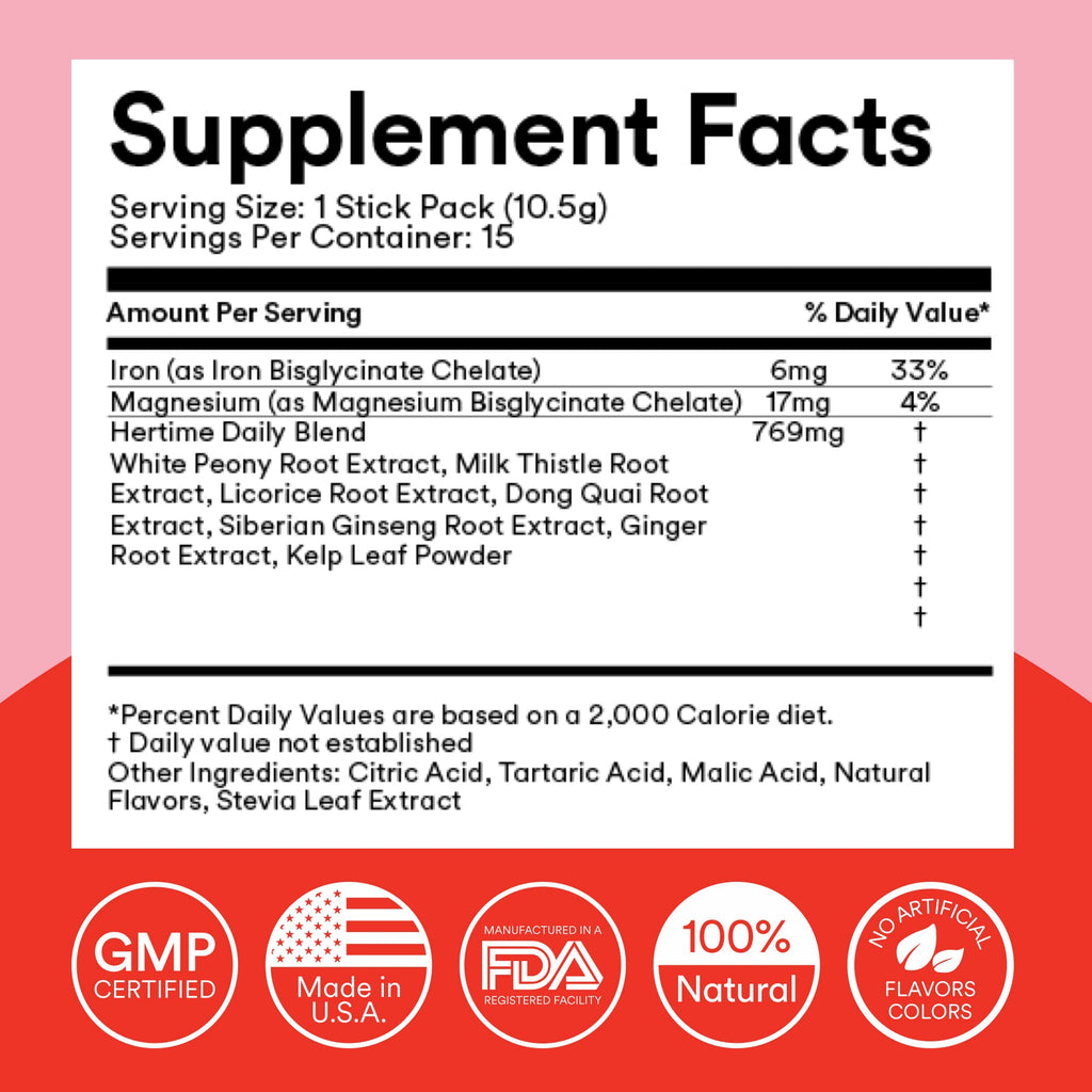 MIXHERS Hertime PMS - Hormonal Health & Menstrual Wellness (Sugar-Free Peach Lemonade) - 15 Packets