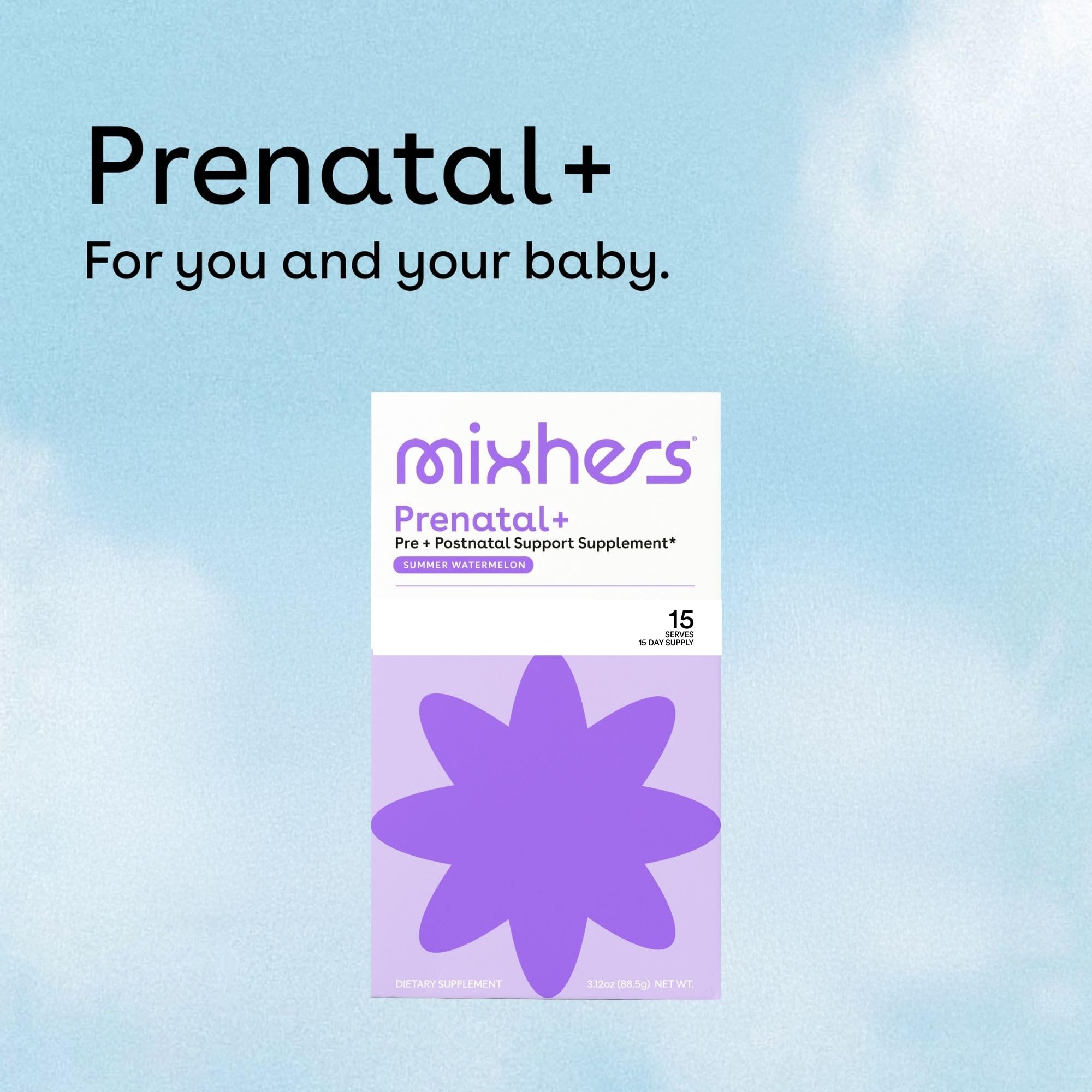 MIXHERS Prenatal+ Prenatal & Postnatal Support Drink Mix – Summer Watermelon Flavor – 15 Stick Packets