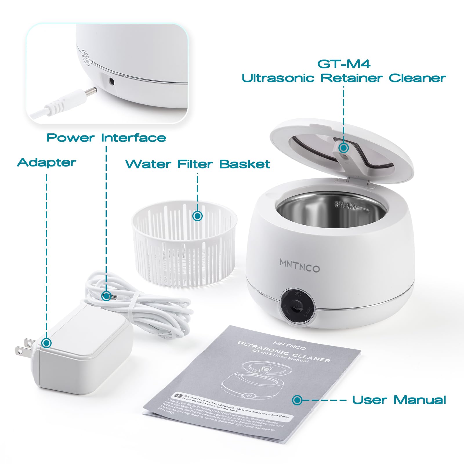 MNTNCO Ultrasonic Retainer Cleaner - White Cleaning Machine for Dentures