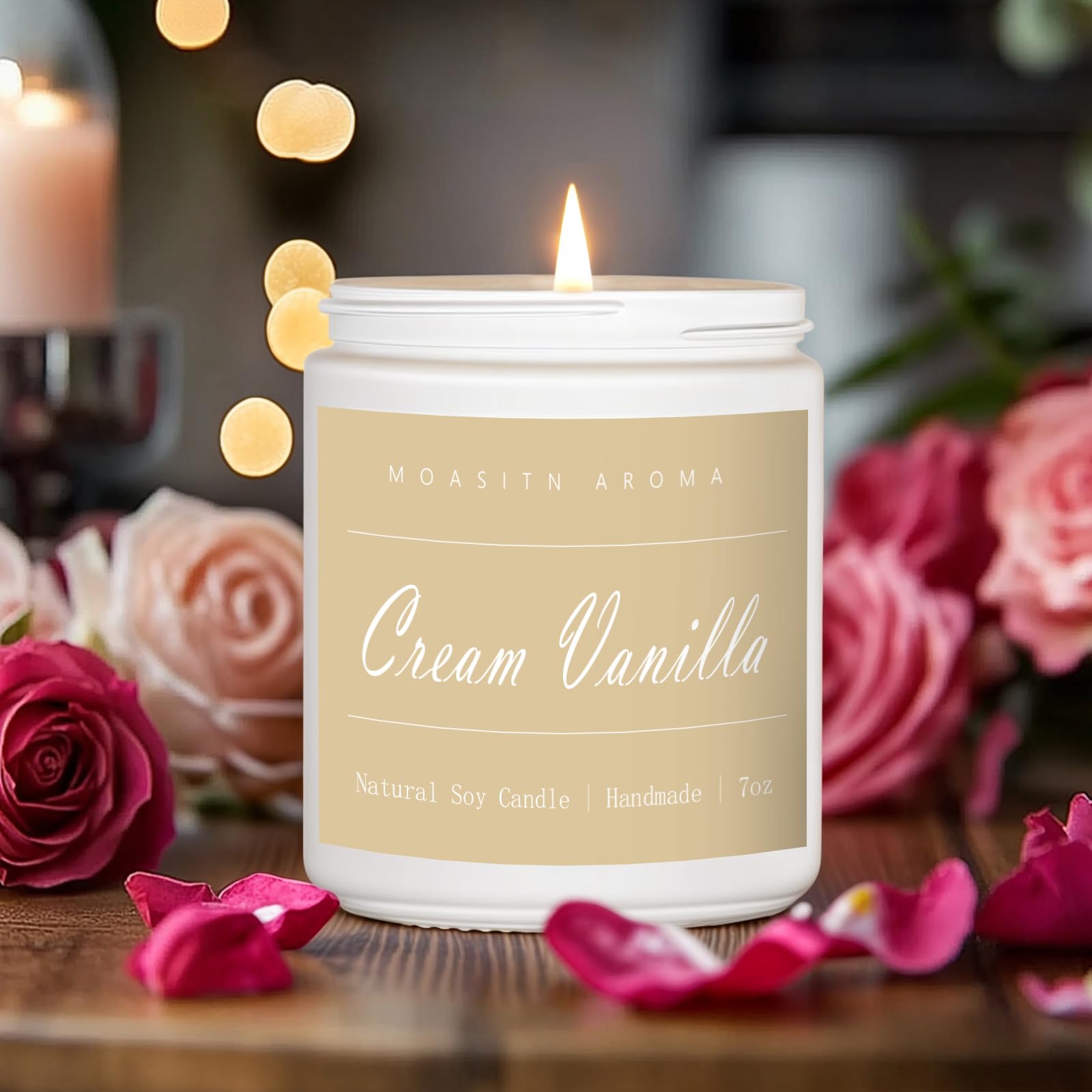 MOASITN Cream Vanilla Scented Candle - Natural Soy Aromatherapy Candle, Handmade 7oz Jar Gift for Women & Men