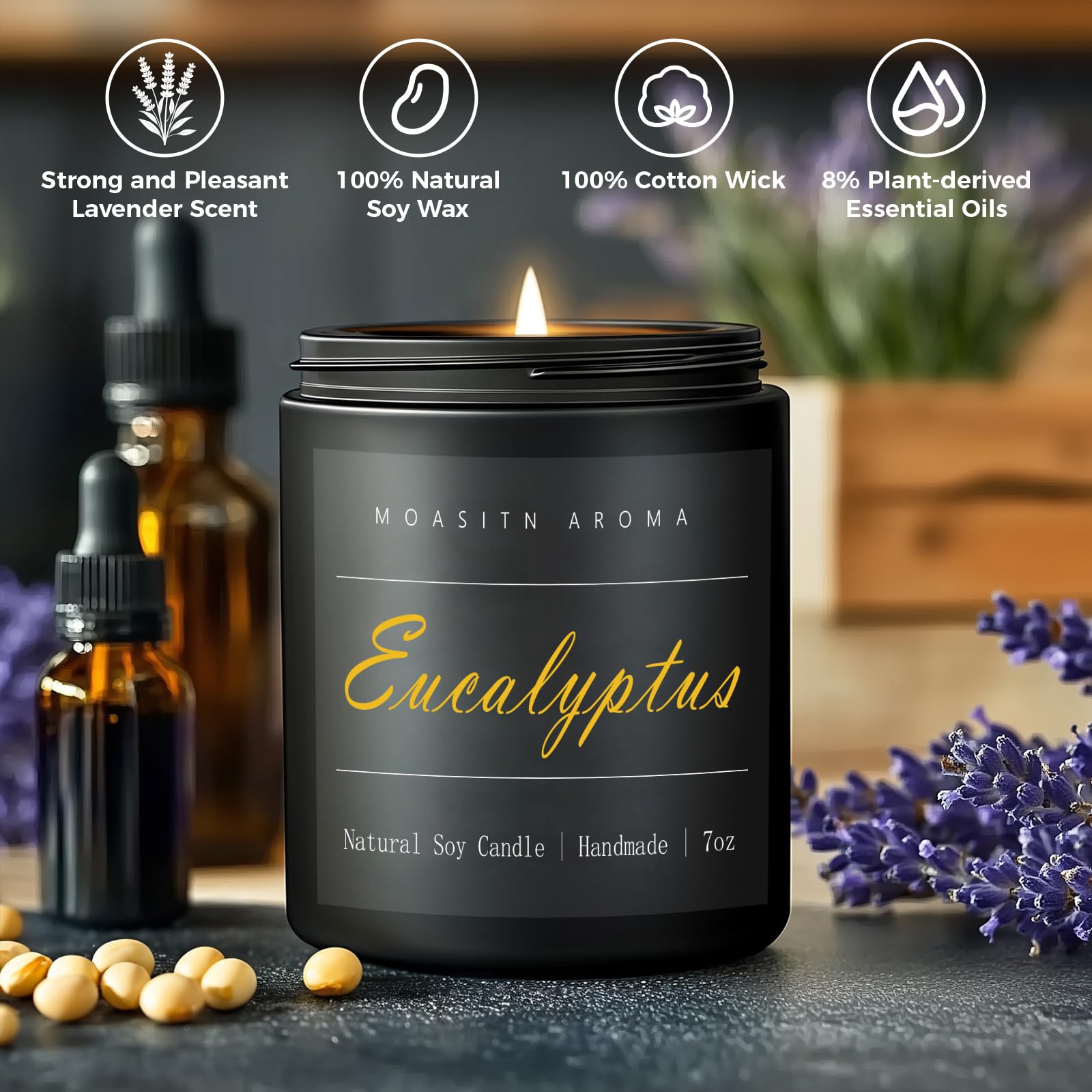 MOASITN Eucalyptus Natural Soy Candle – Mint, Eucalyptus & Basil Heavenly Scented Candle for Home Aromatherapy | Handmade, Long-Lasting, Clean Burn | Gift for Women & Men | 7oz