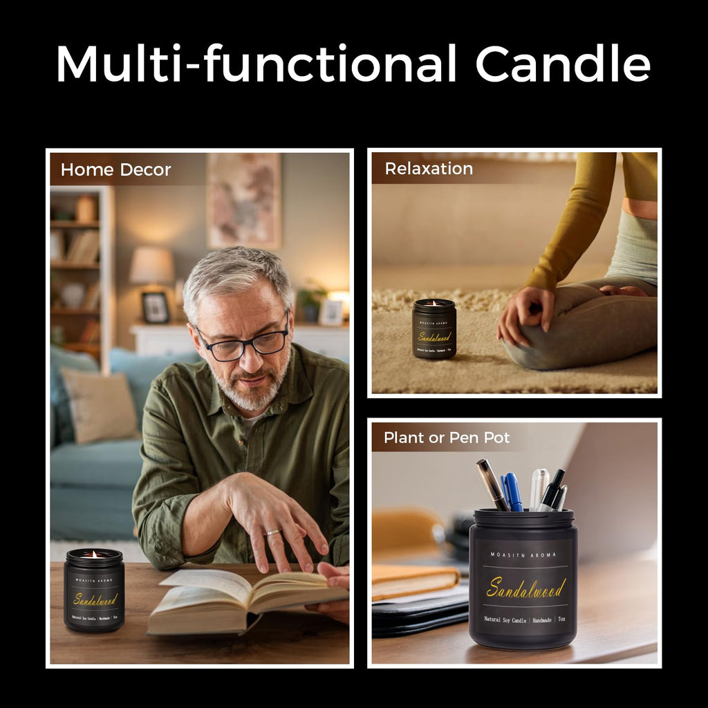 MOASITN Sandalwood Scented Soy Candle 7oz | Leather & Amber | Handmade Aromatherapy Gift