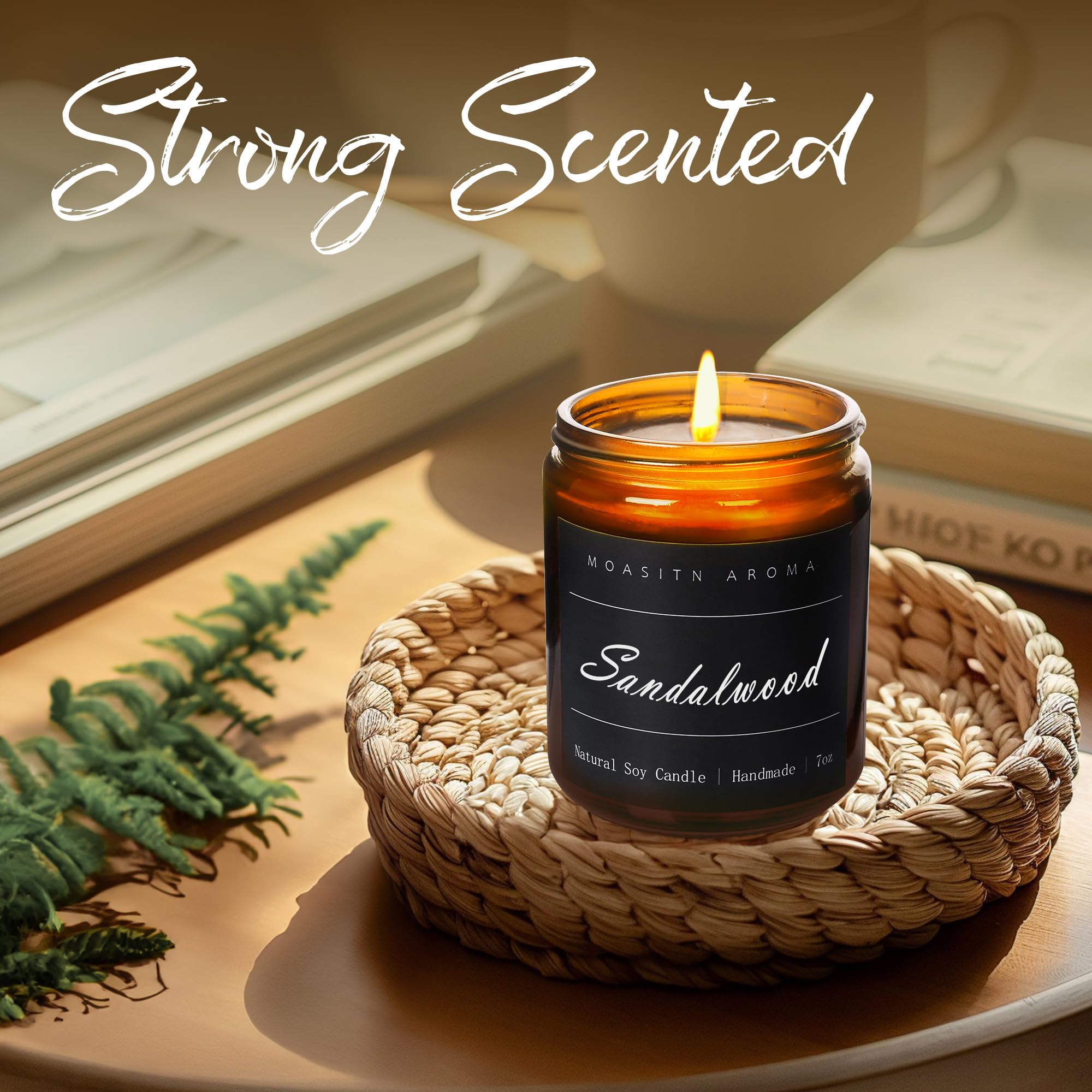 MOASITN Sandalwood Scented Candles – Natural Soy Aromatherapy, Handmade 7oz Jar Gift for Women & Men