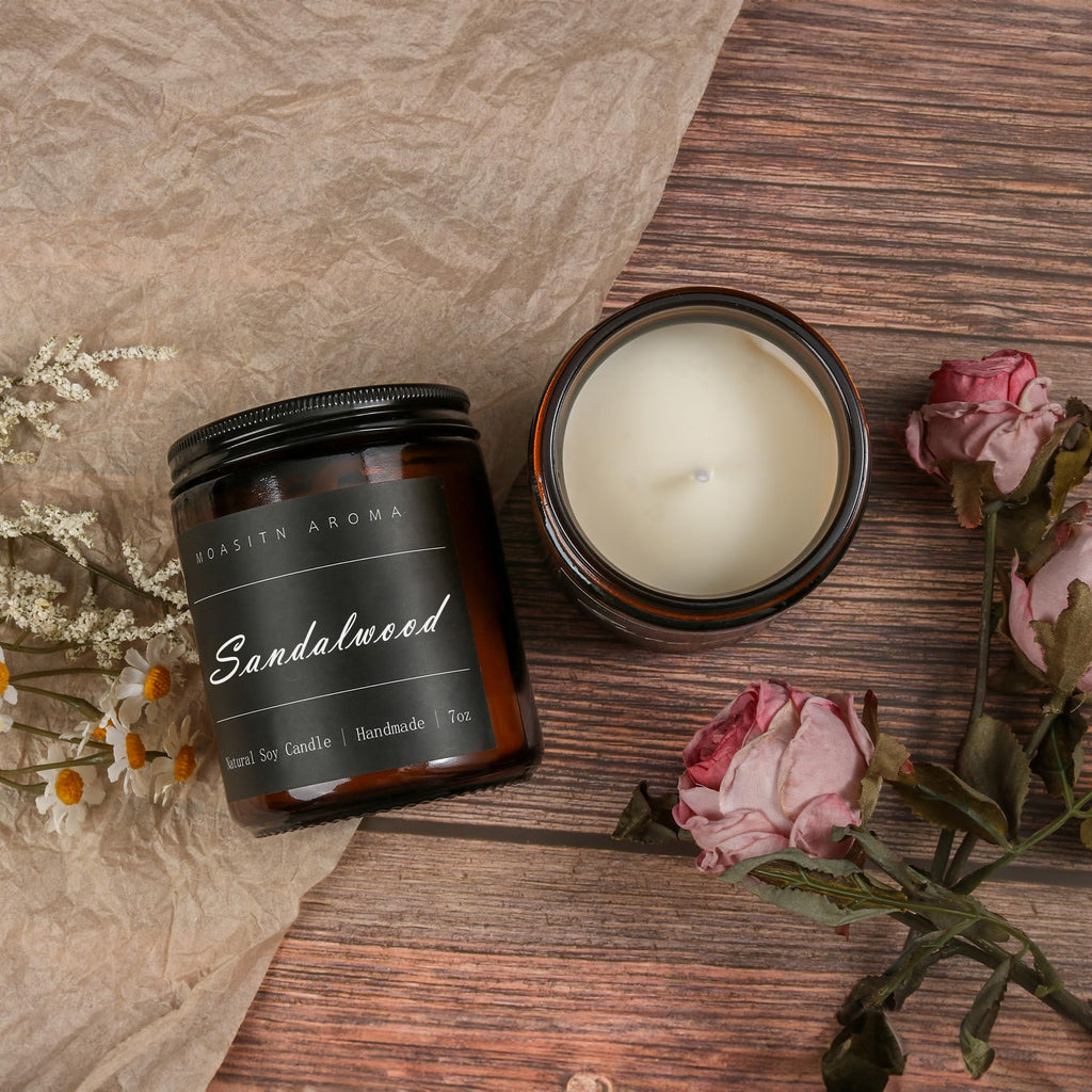 MOASITN Sandalwood Scented Candles – Natural Soy Aromatherapy, Handmade 7oz Jar Gift for Women & Men