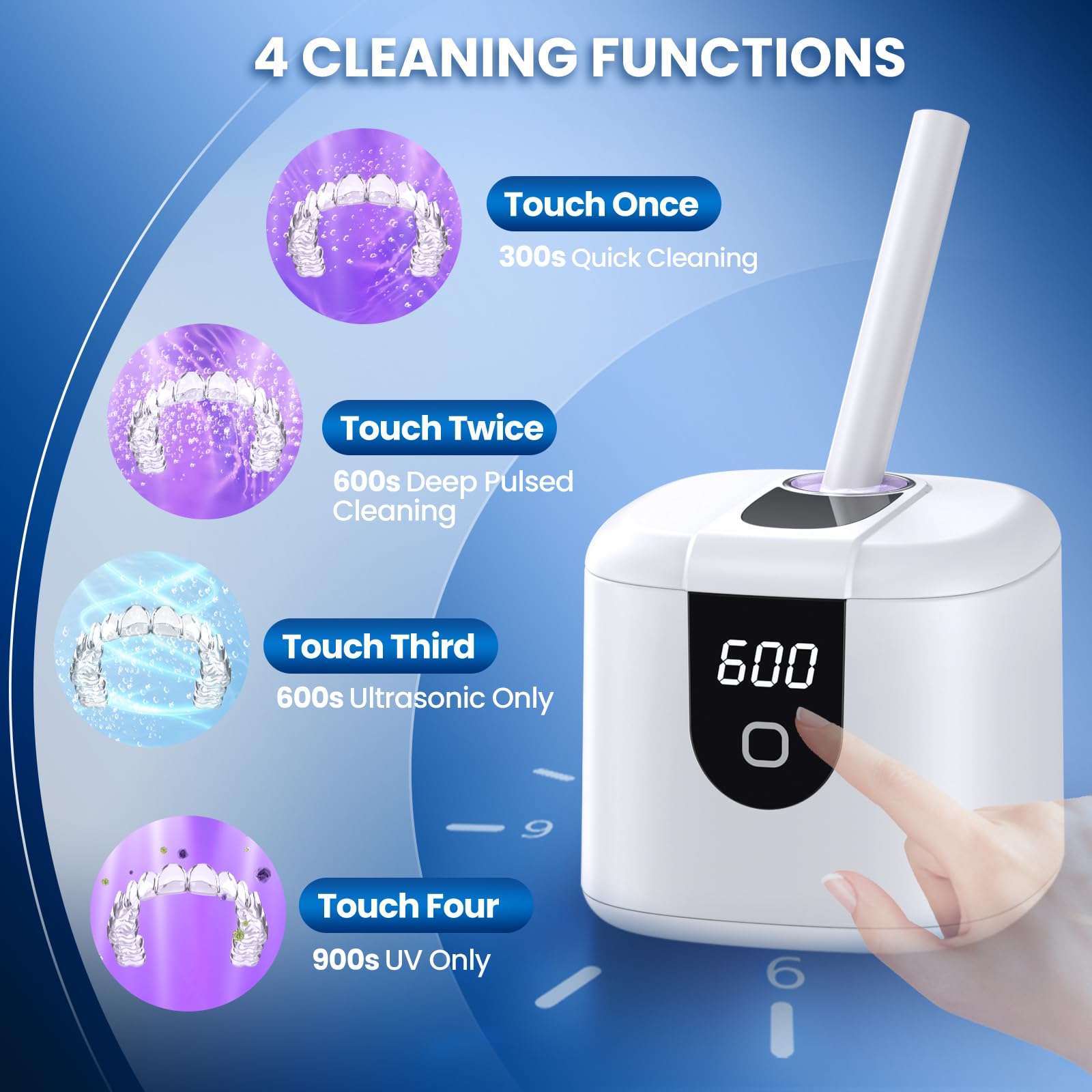 Moeila 45kHz Ultrasonic Retainer Cleaner Machine | Fast Cleaning for Aligners, Mouth Guards, Braces & Jewelry | 200ML Pod, 4 Modes & Digital Timer (White)
