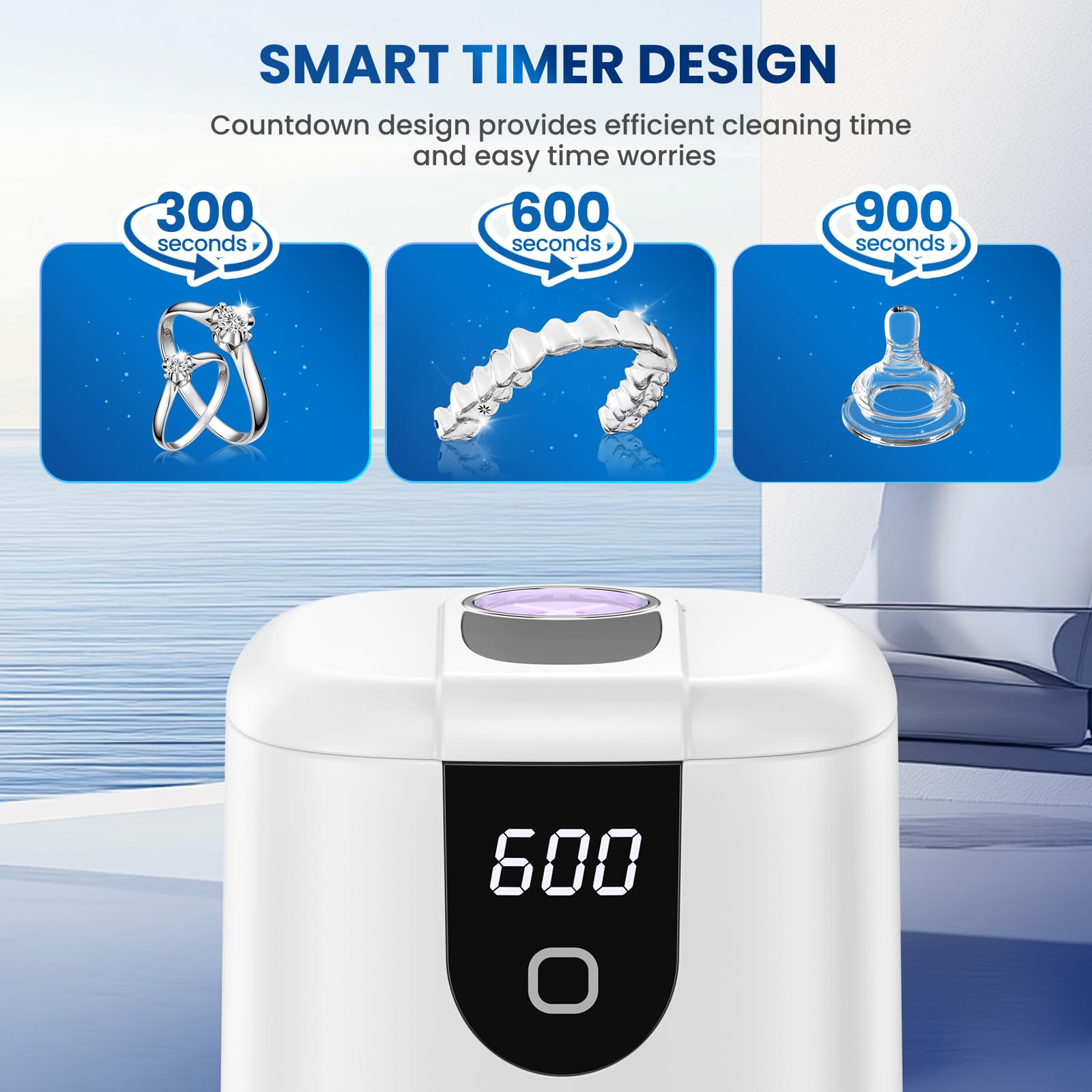 Moeila 45kHz Ultrasonic Retainer Cleaner Machine | Fast Cleaning for Aligners, Mouth Guards, Braces & Jewelry | 200ML Pod, 4 Modes & Digital Timer (White)