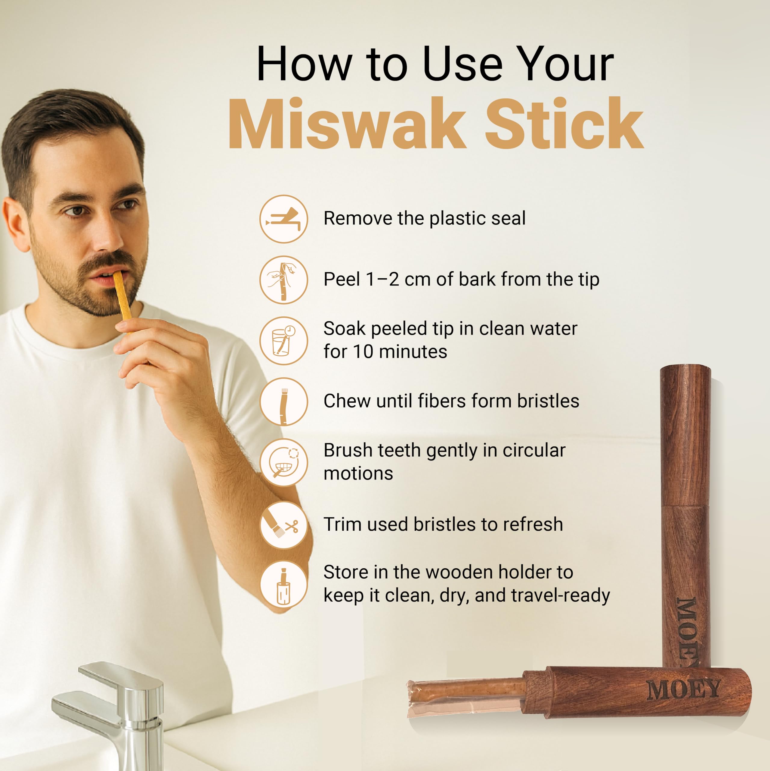 MOEY Miswak Stick with Wooden Holder – Salvadora Persica, Whitens Teeth