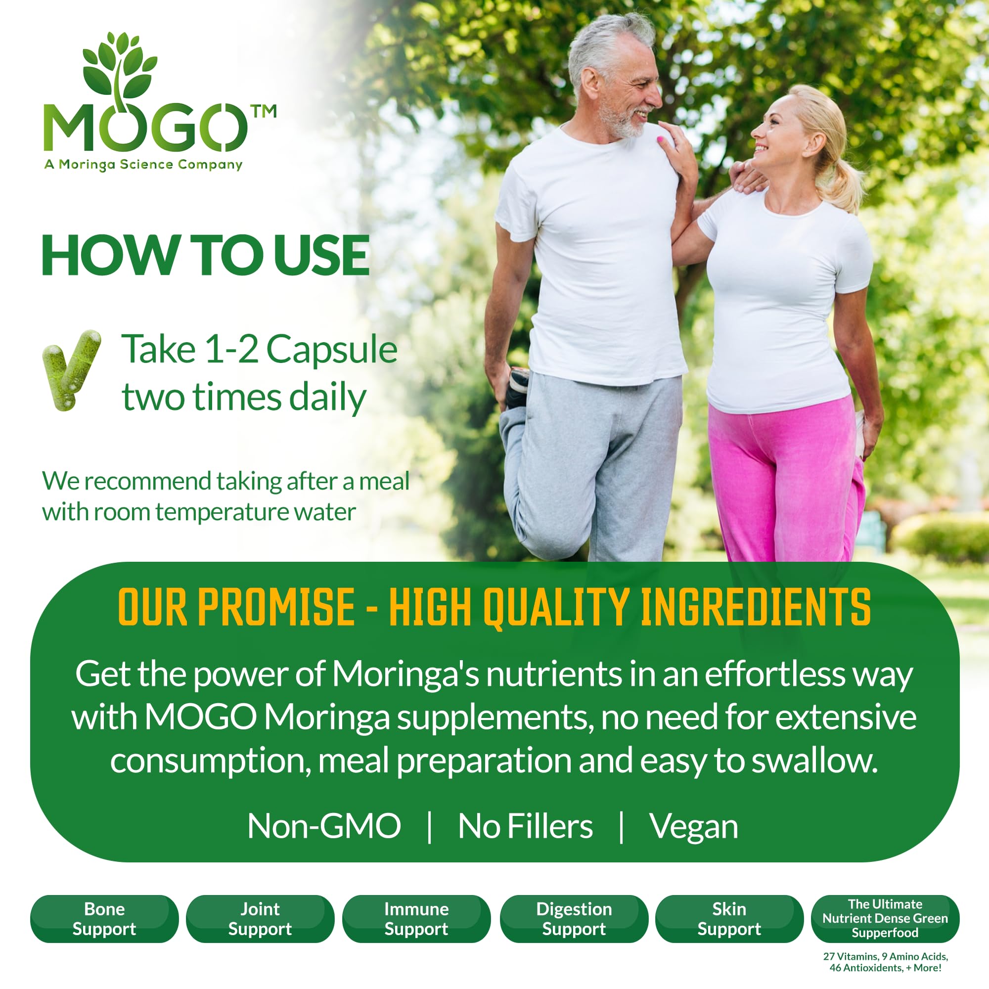 MOGO Moringa Capsules 180 Ct - Organic Moringa Powder | Energy, Immunity, Gut & Joints | Made in USA