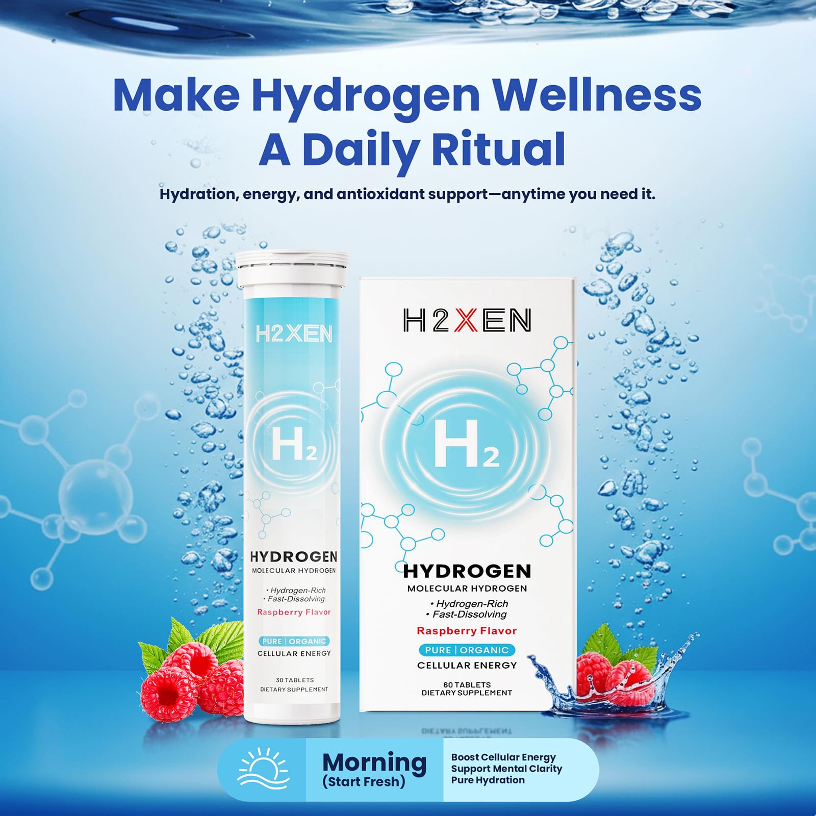 Hydrogen Water Tablets Raspberry – 8 PPM, 60 Count | With Magnesium