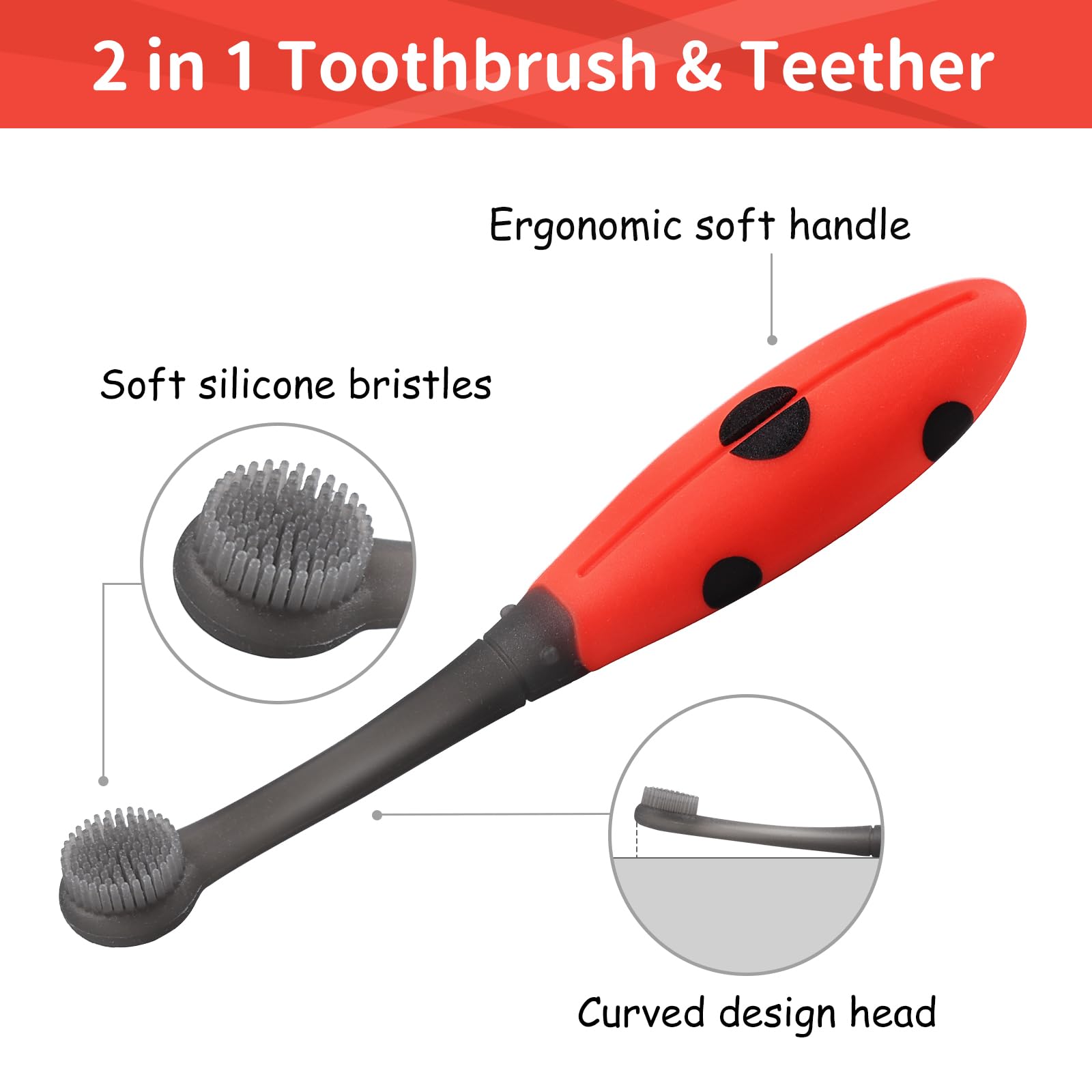 Mombella Ladybug Baby Toothbrush (6-12 Months & Up) – Extra Soft Silicone Infant Toothbrush