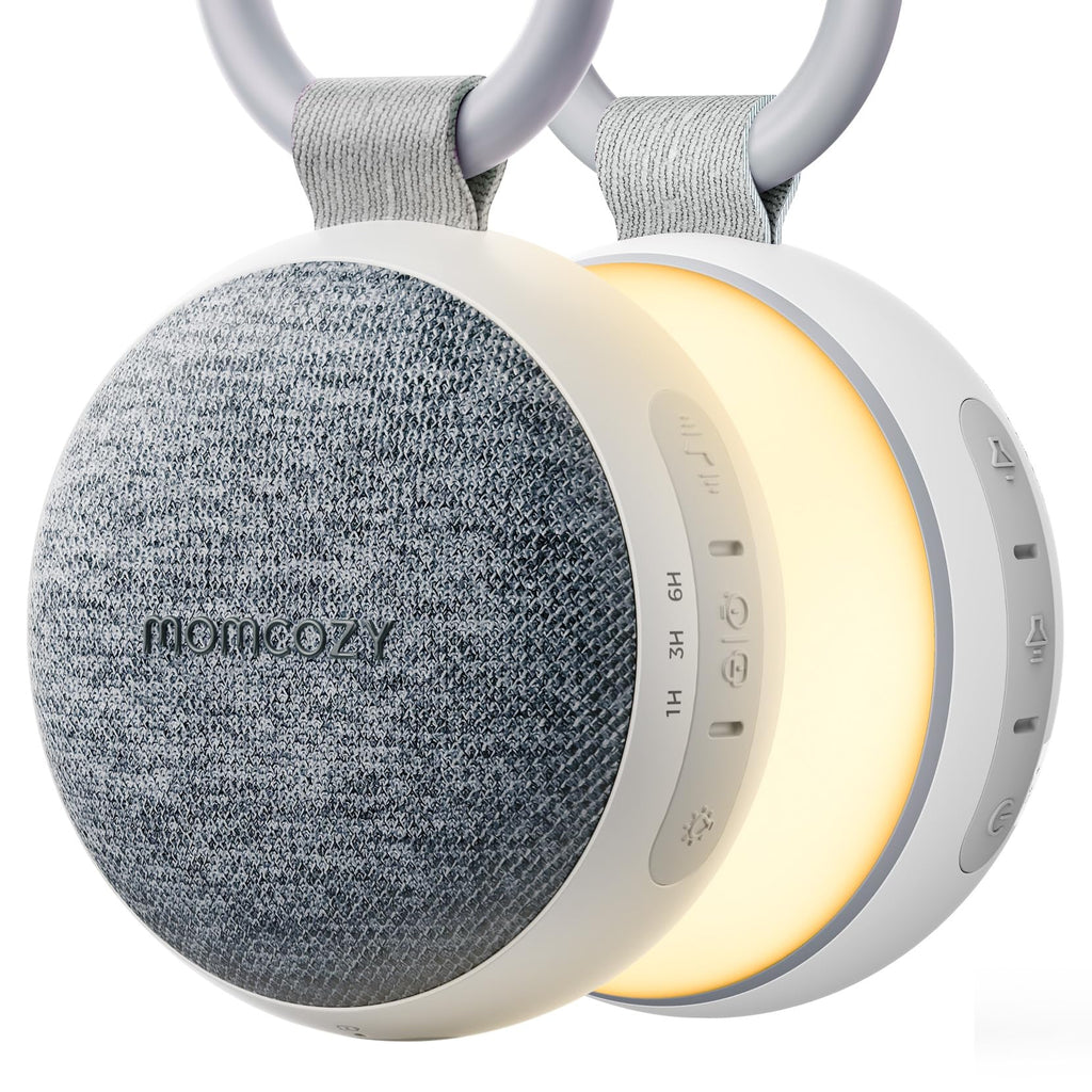 Momcozy Portable Sound Machine with Night Light – 20 Soothing Sounds, Stroller Clip, USB-C (Grey)