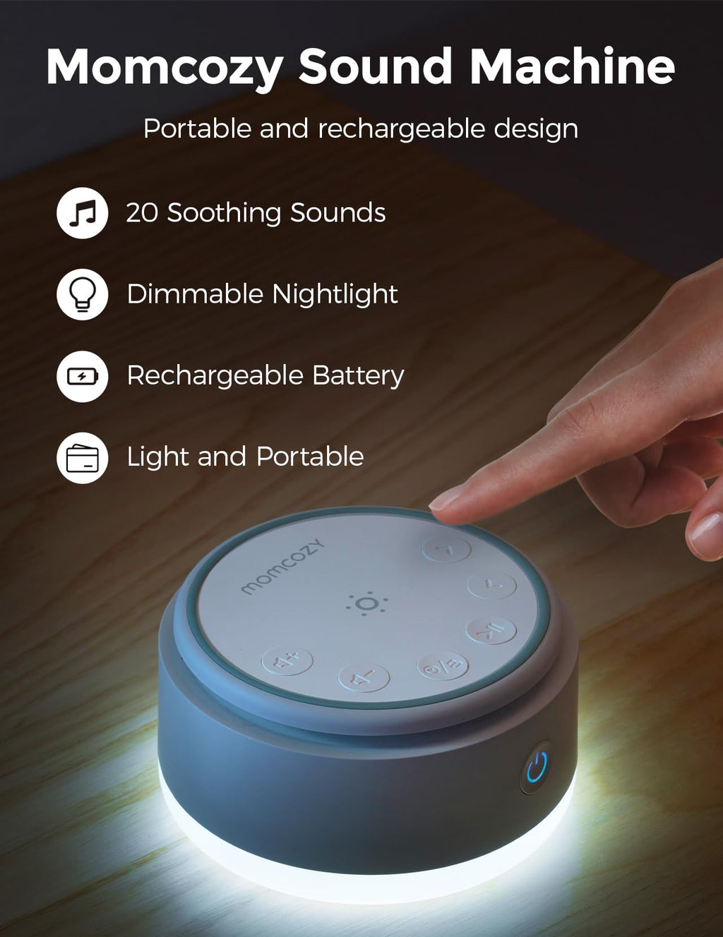 Momcozy Sound Machine for Baby | Portable White Noise with Night Light & 20 Sleep Sounds
