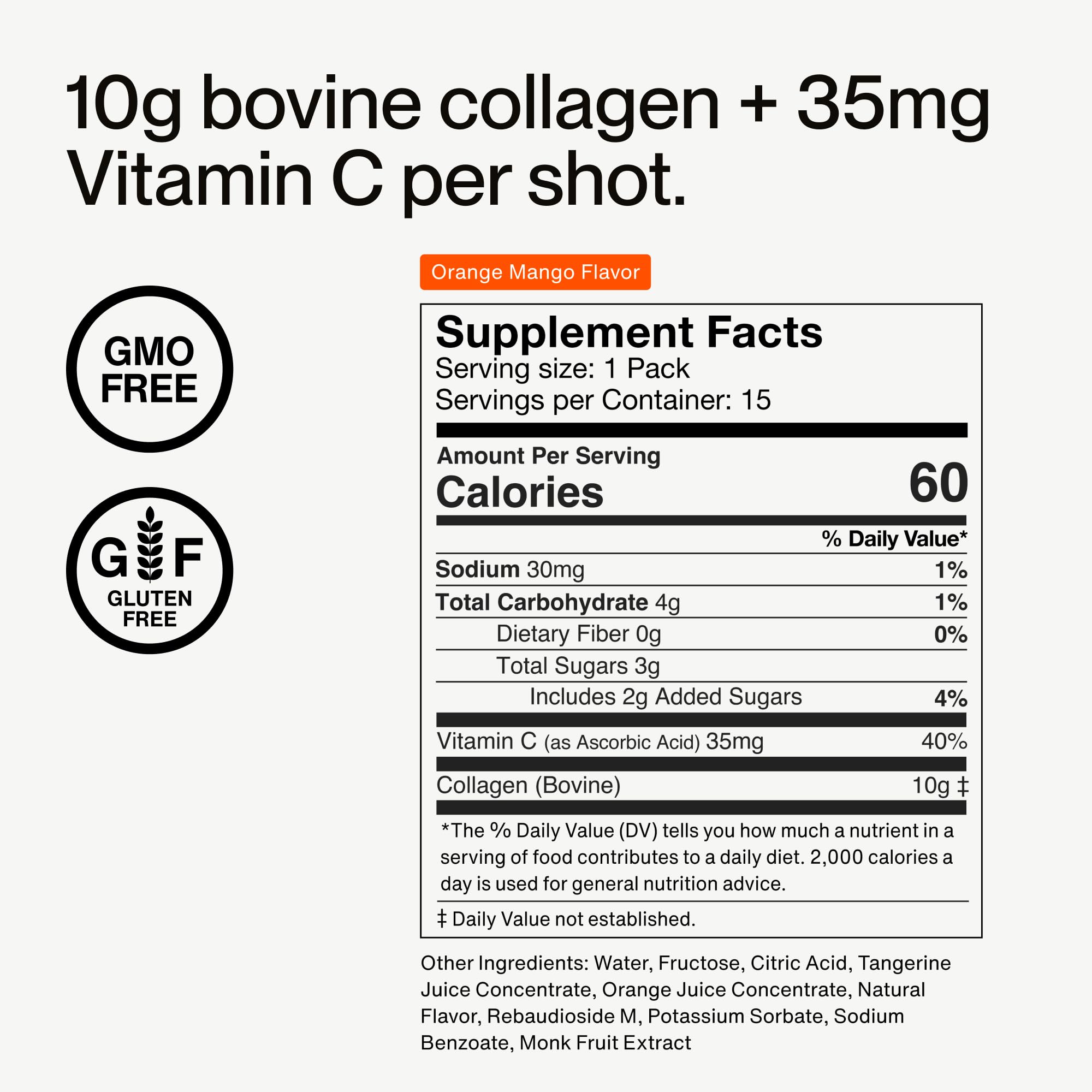Momentous Collagen Shot - Hydrolyzed Collagen + Vitamin C, NSF Certified for Sport, Orange Mango, 15 Servings