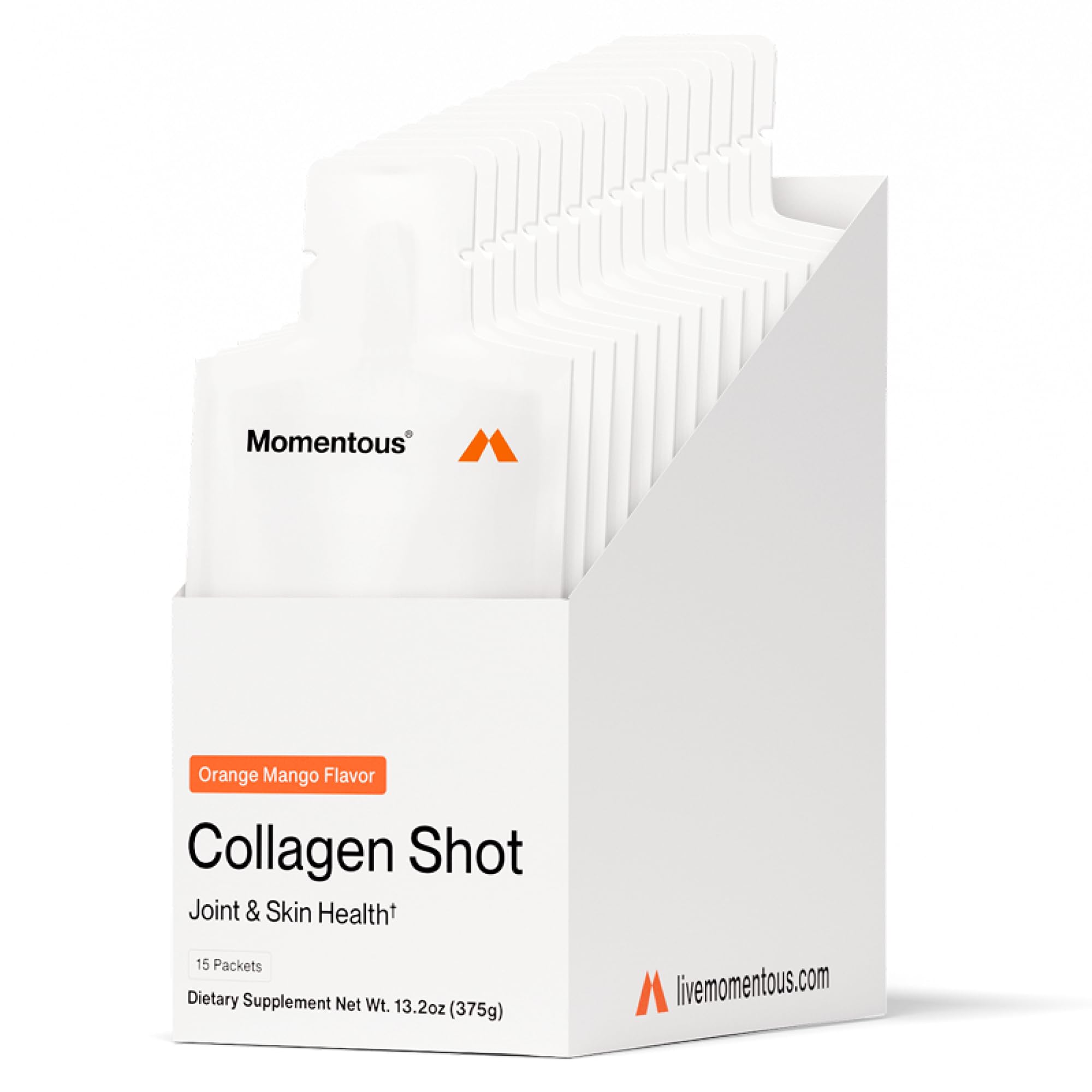 Momentous Collagen Shot - Hydrolyzed Collagen + Vitamin C, NSF Certified for Sport, Orange Mango, 15 Servings