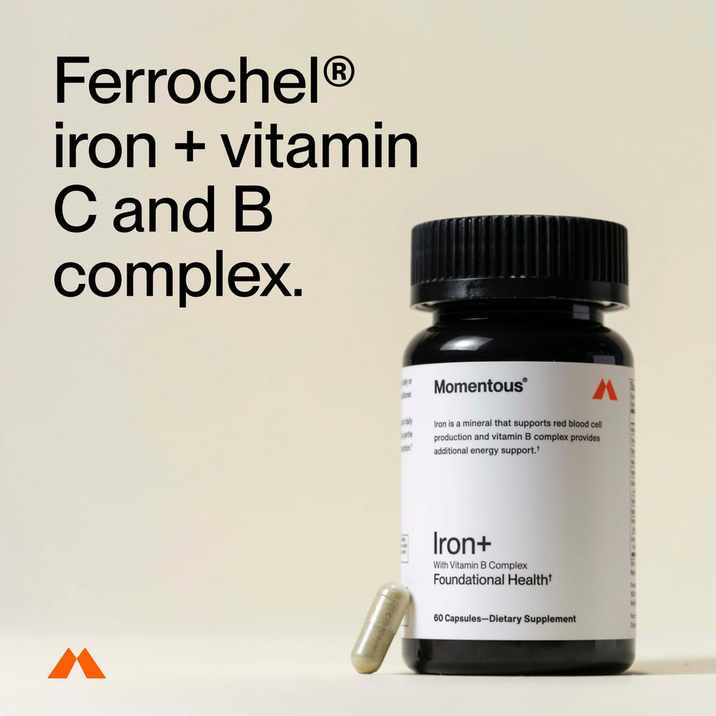 Momentous Iron+ with Vitamin C & B Complex | Ferrochel Iron Capsules | NSF Certified for Sport | Gluten-Free | 60 Servings
