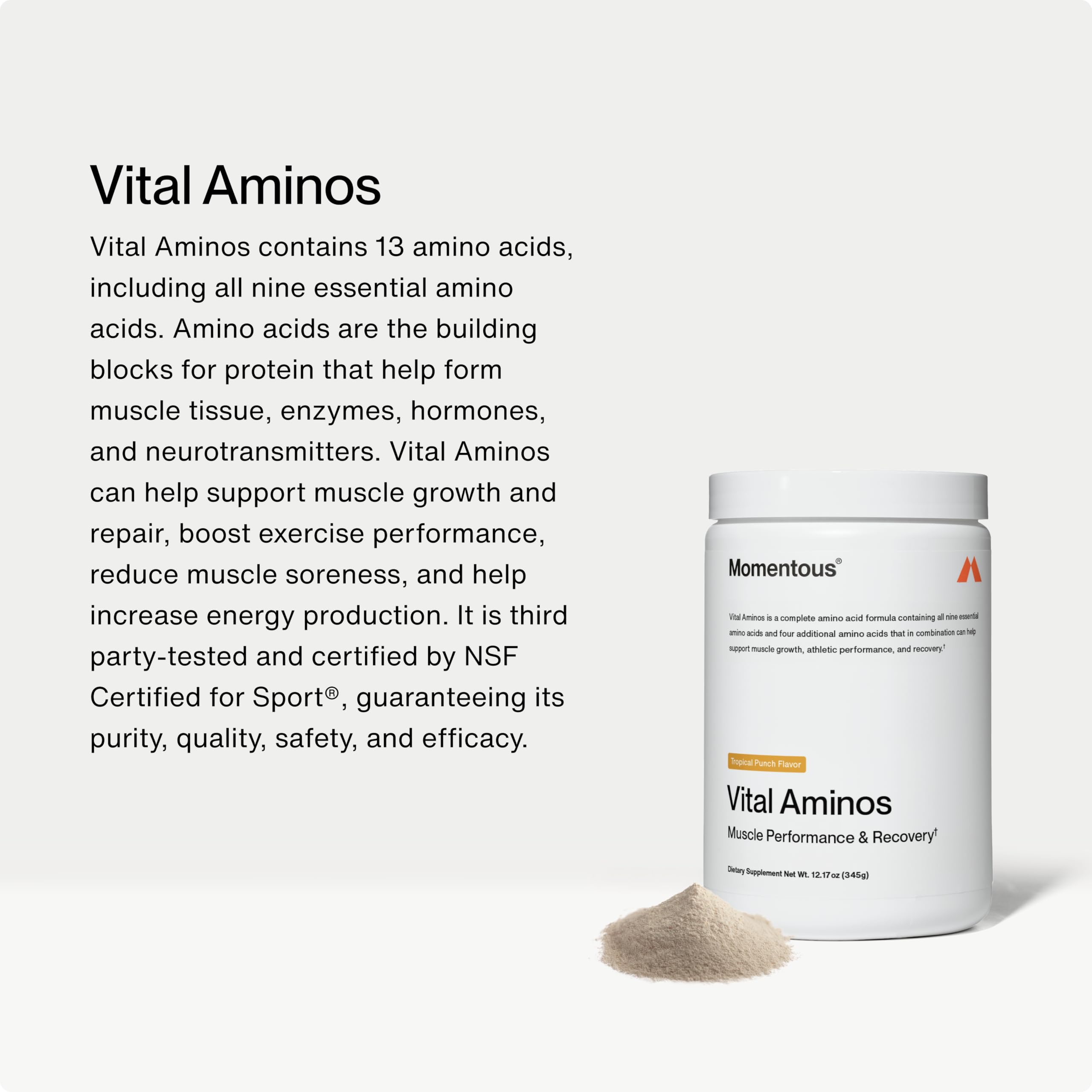 Momentous Vital Aminos Powder – 13 Amino Acids (EAAs + extras) | BCAA & EAA | Tropical Punch | NSF Certified for Sport | GMO & Gluten-Free | 30 Servings