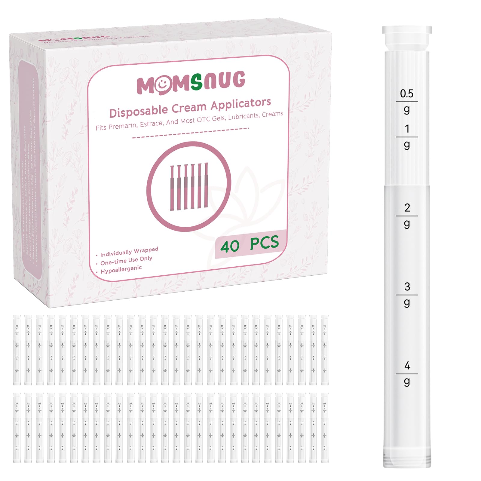 Momsnug Disposable Vaginal Applicators — 40 Pack with Dosage Markings, Hygienic & Compatible with Premarin, Estrace, Preseed