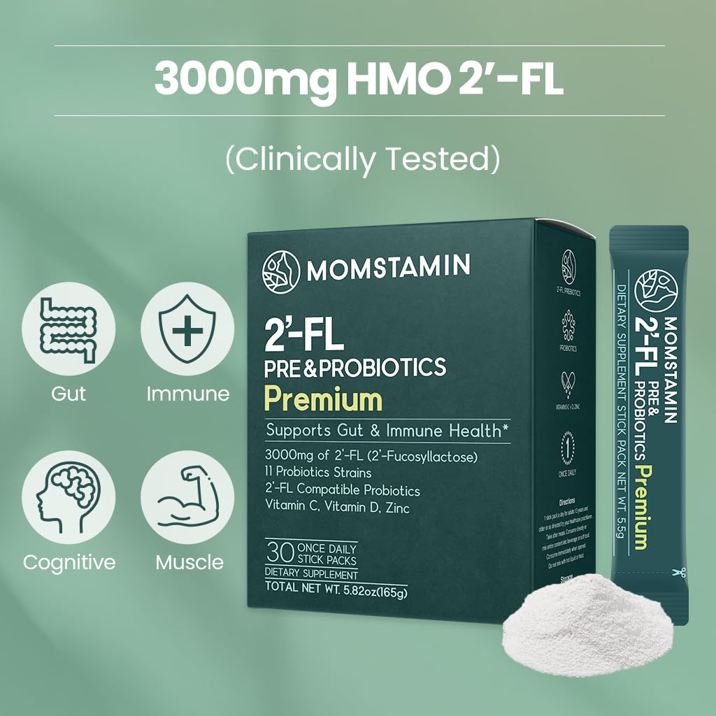 MOMSTAMIN Premium 3,000mg HMO 2'-FL Prebiotic Probiotic Powder – Immunity & Gut Health (30 Sticks)