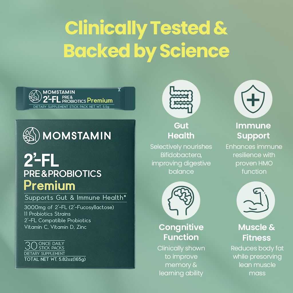 MOMSTAMIN Premium 3,000mg HMO 2'-FL Prebiotic Probiotic Powder – Immunity & Gut Health (30 Sticks)