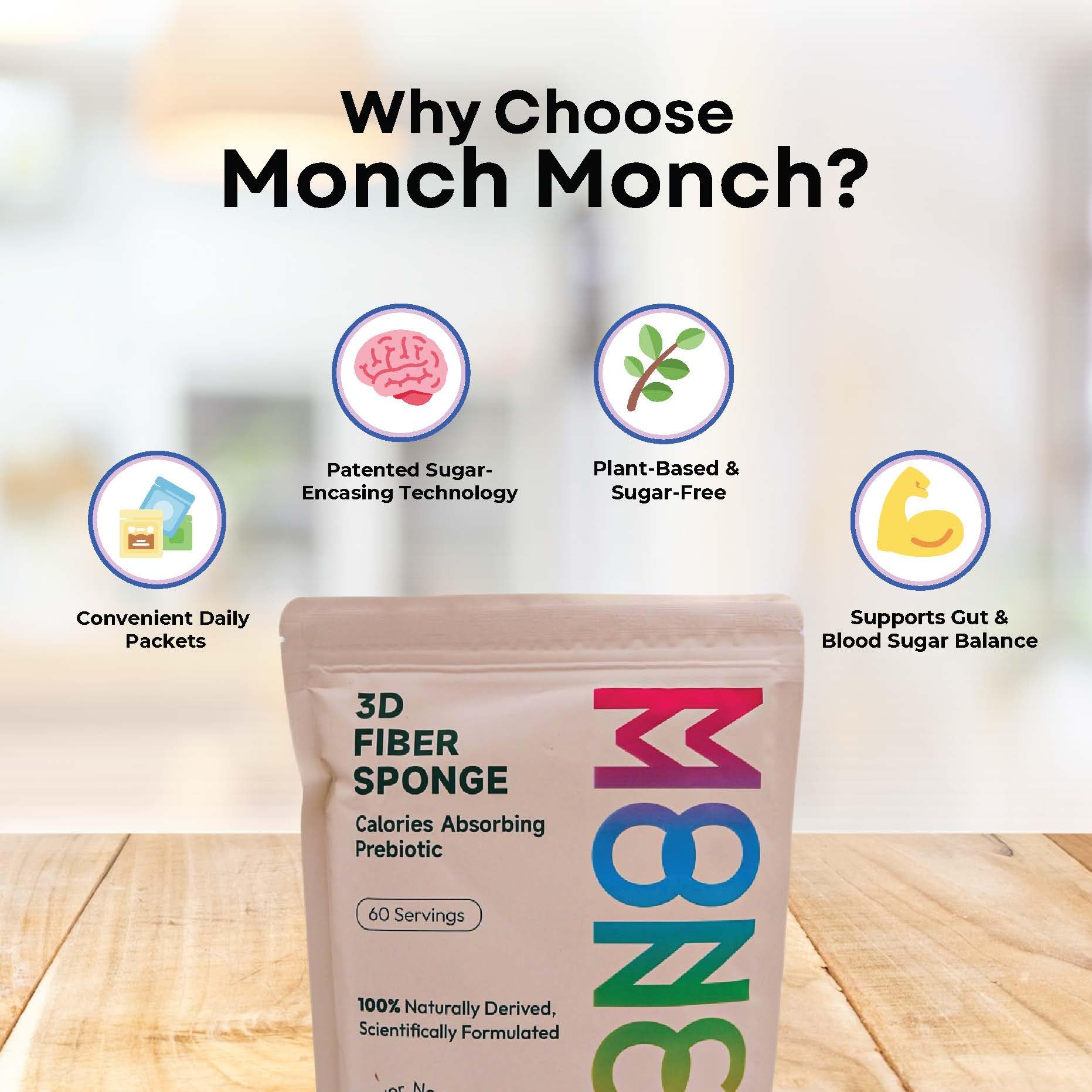 Monch Monch Calorie Absorbing Fiber Sponge – 60 Ct | Vegan, Sugar-Free Konjac Gum & Prebiotic Fiber