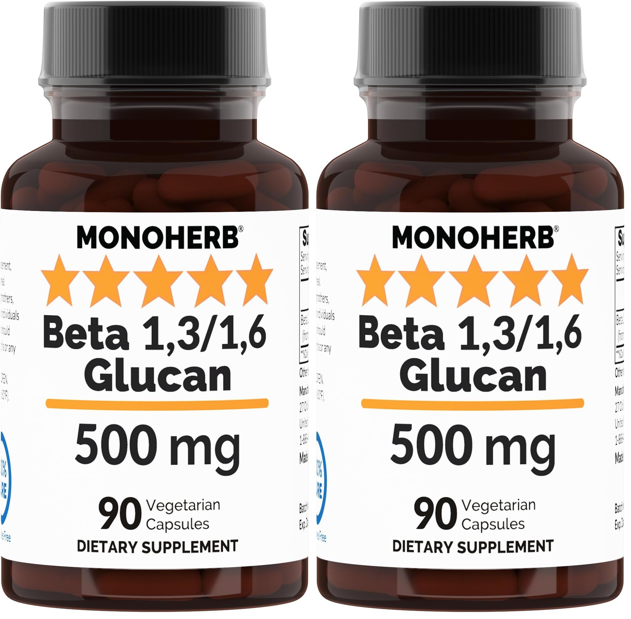 MONOHERB Beta 1,3/1,6 Glucan 500 mg - 90 Veg Capsules (Pack of 2) | 90 Servings