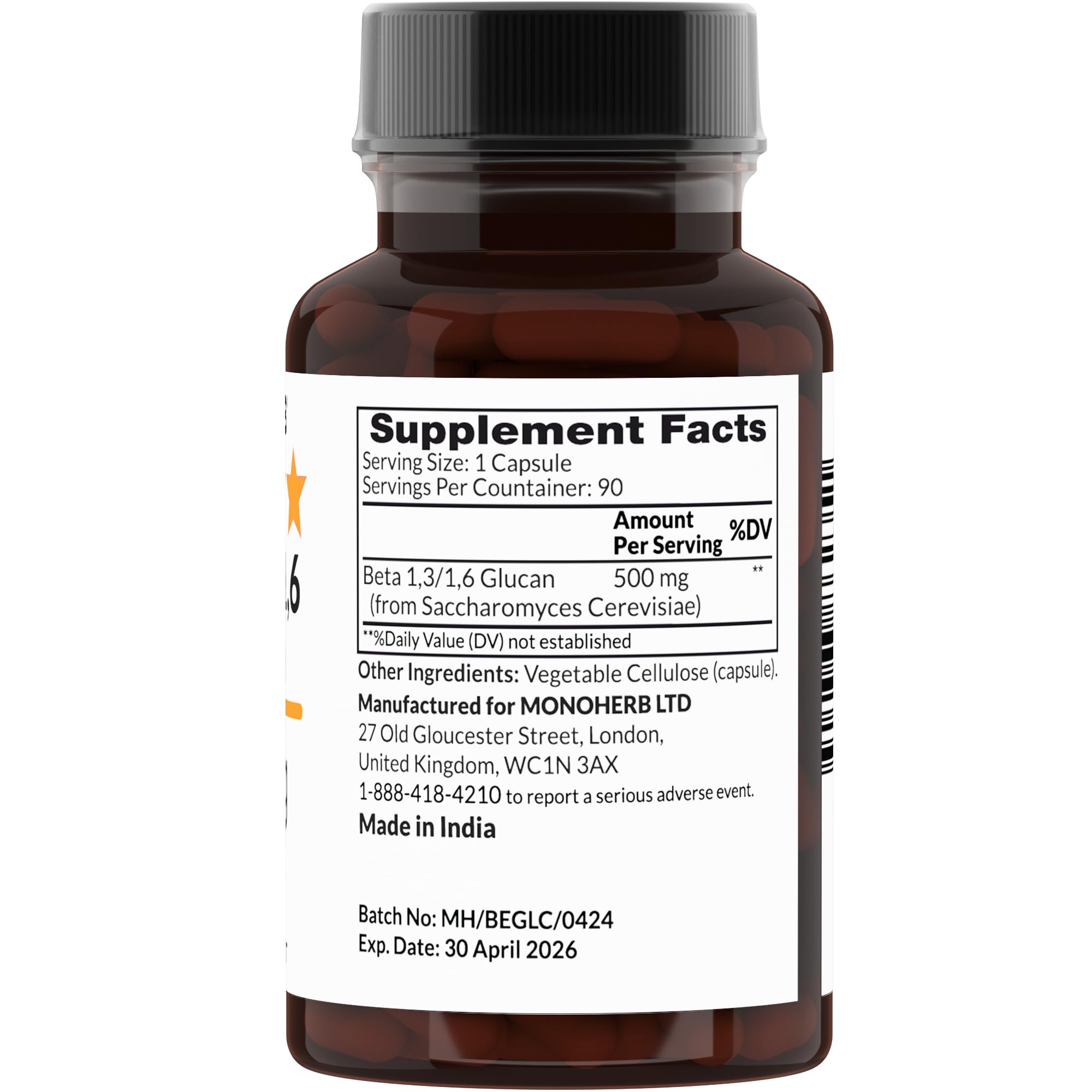 MONOHERB Beta 1,3/1,6 Glucan 500 mg - 90 Veg Capsules (Pack of 2) | 90 Servings
