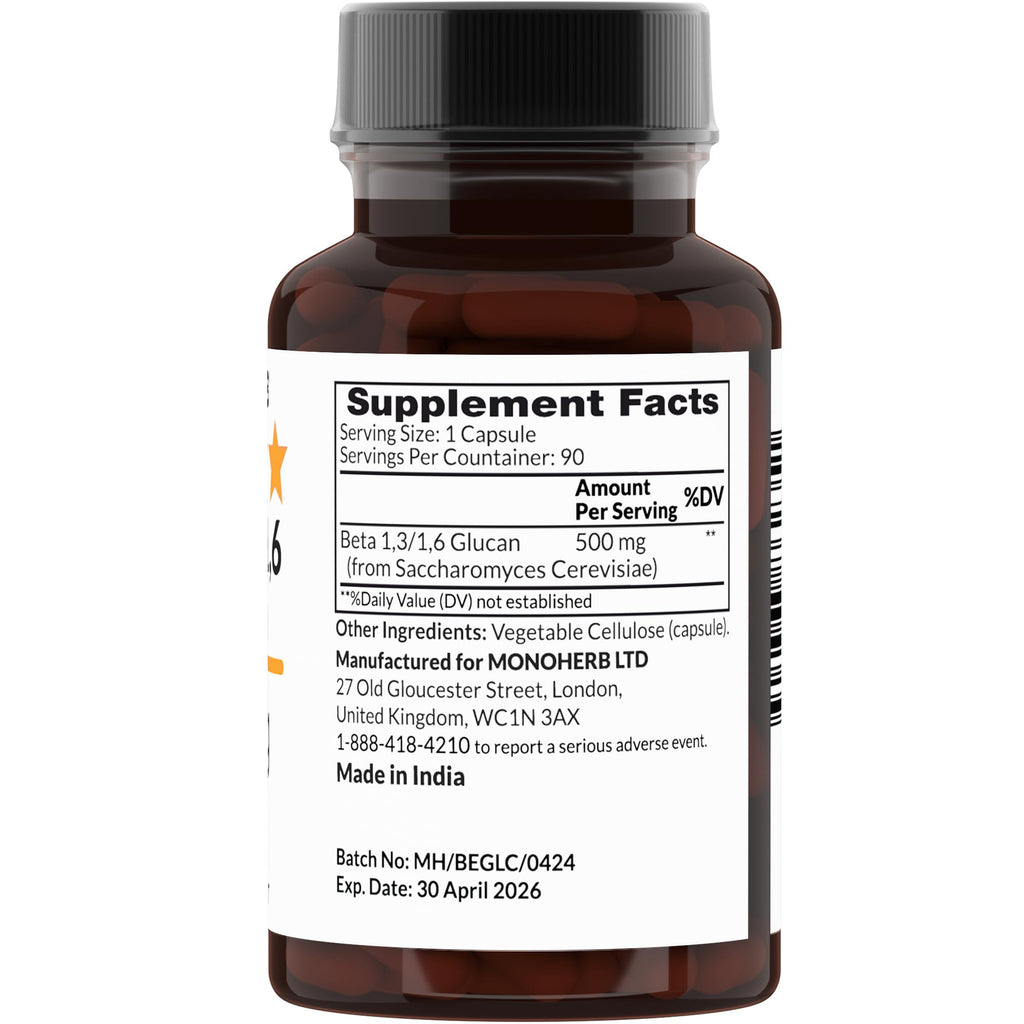 MONOHERB Beta 1,3/1,6 Glucan 500 mg per Capsule - 90 Veg Capsules (90 Servings)