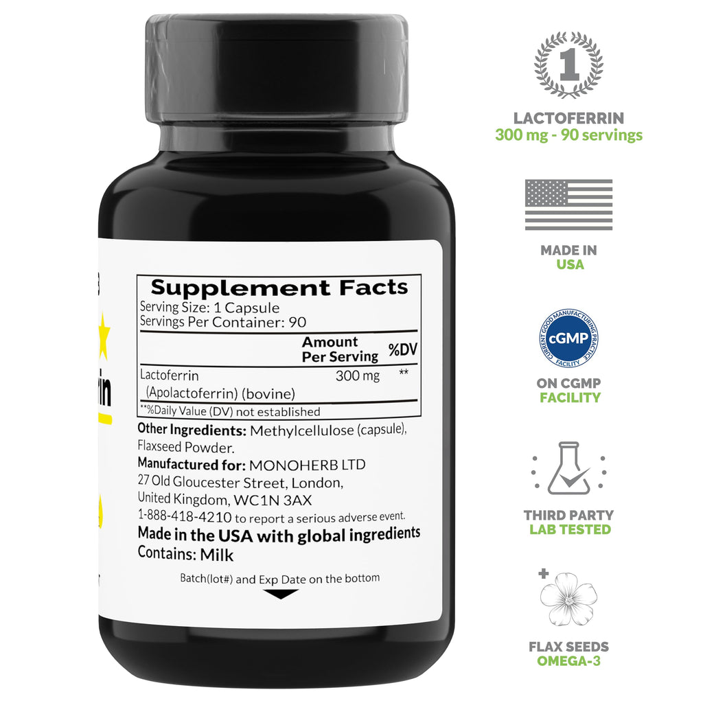 MONOHERB Lactoferrin 300 mg – 90 Vegetarian Capsules – Made in USA