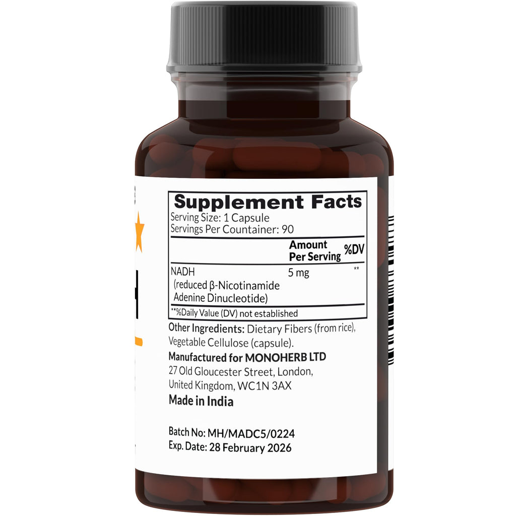 MONOHERB NADH 5 mg - 90 Vegetarian Capsules | Reduced NADH Supplement