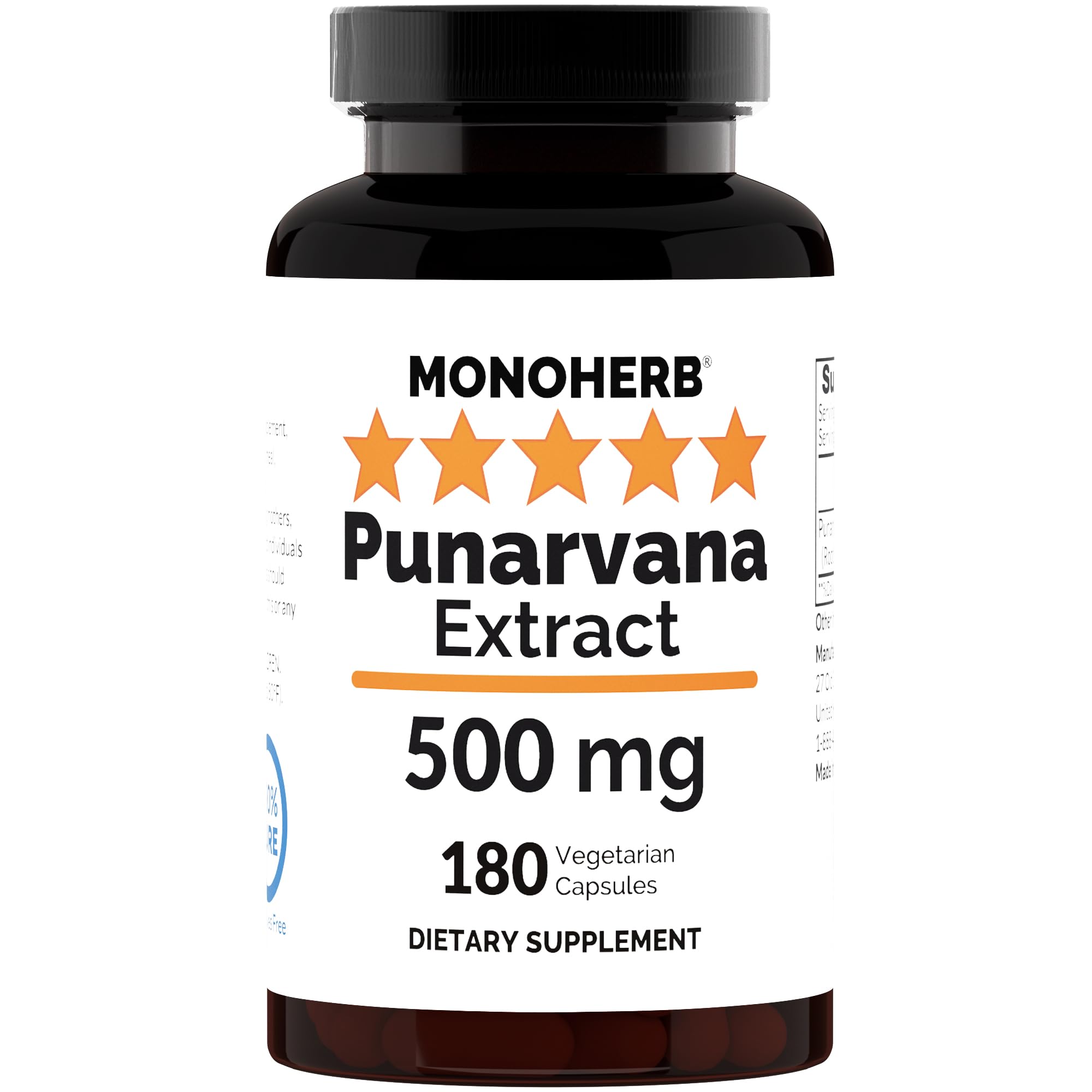 MONOHERB Punarvana Extract 500 mg - 180 Capsules | Extra Strength Herbal Supplement
