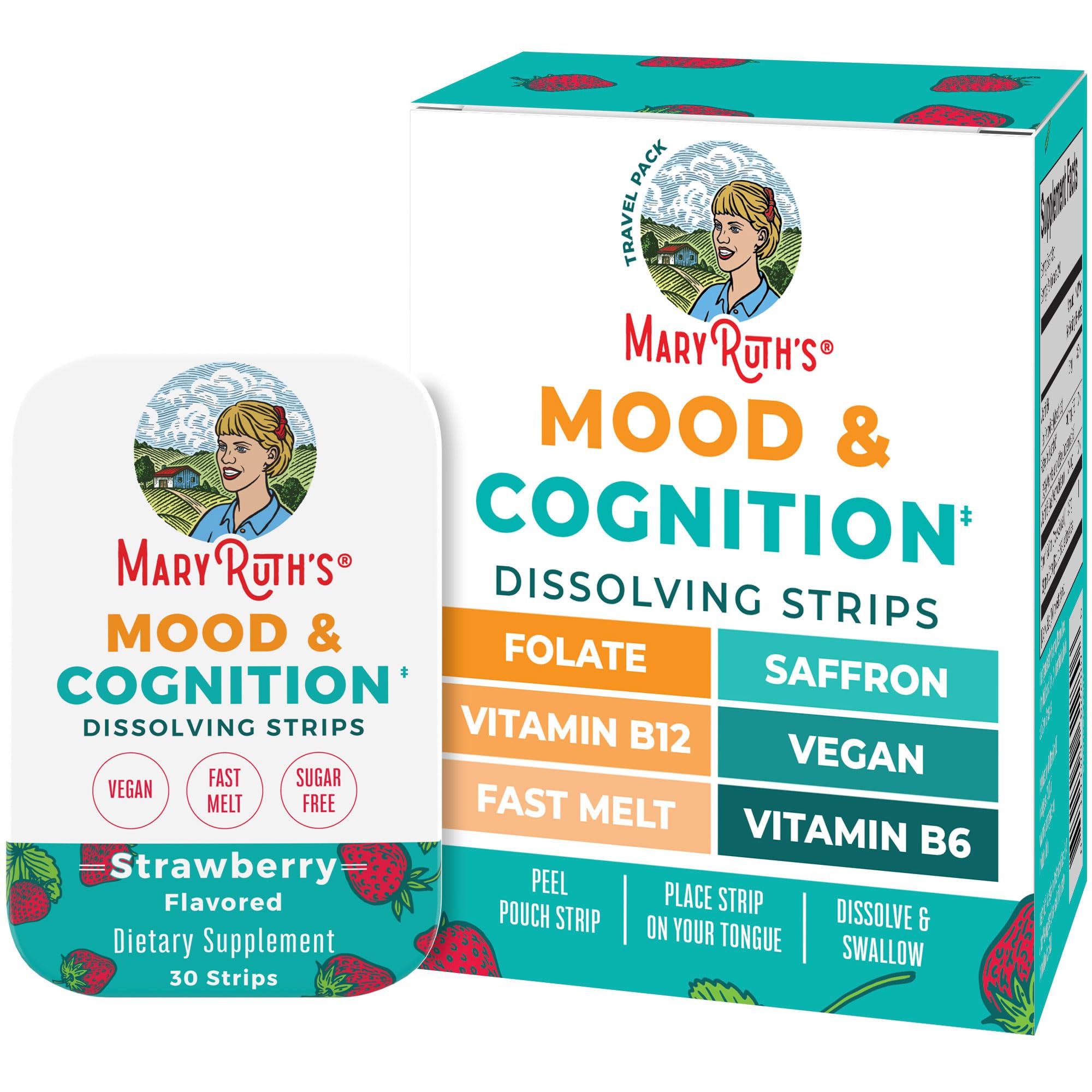 Mood & Cognition Dissolving Strips by MaryRuth's – B Vitamins, Saffron, Strawberry
