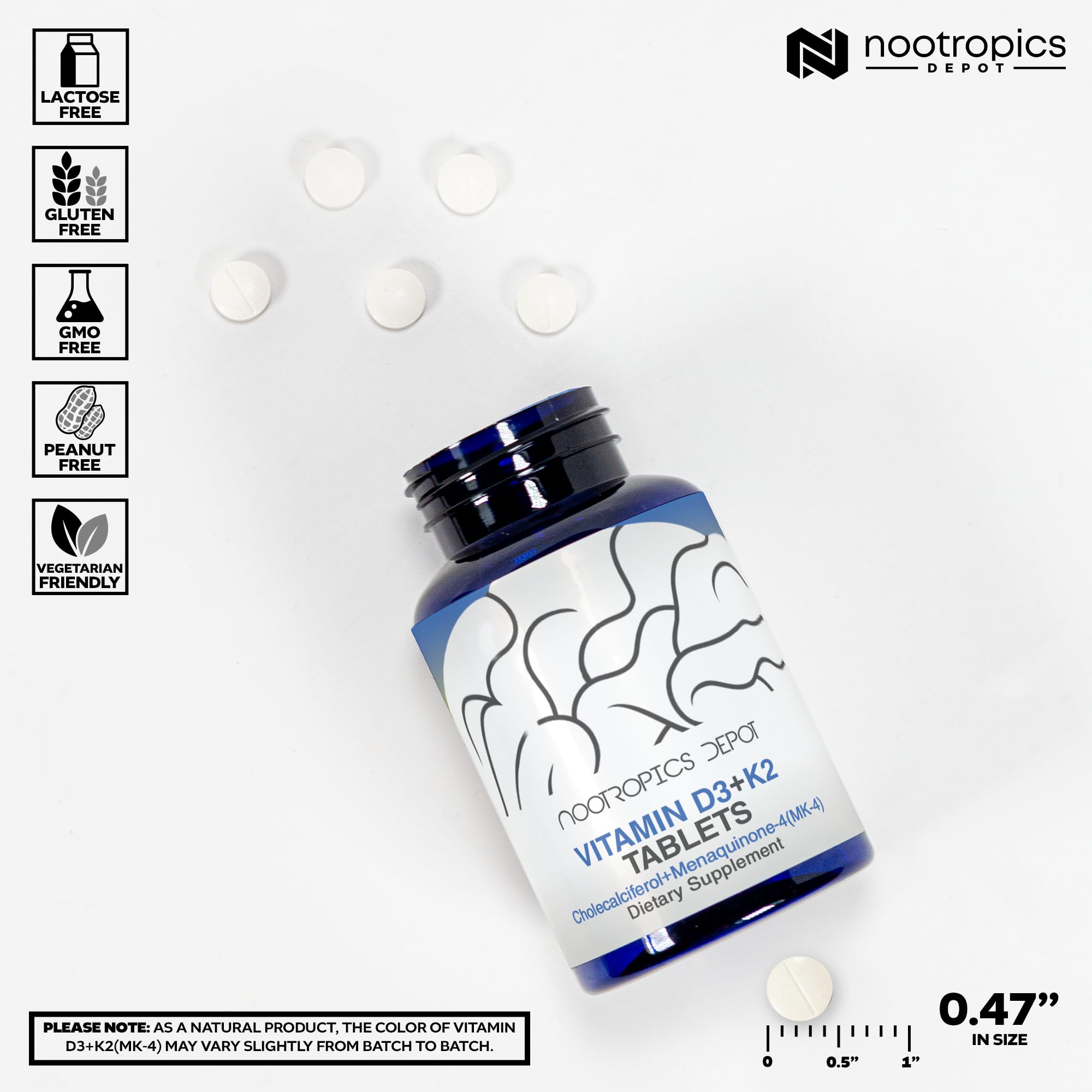 Nootropics Depot Vitamin D3 + K2 with Vitamin C Tablets – 60 Count | Mood & Bone Health