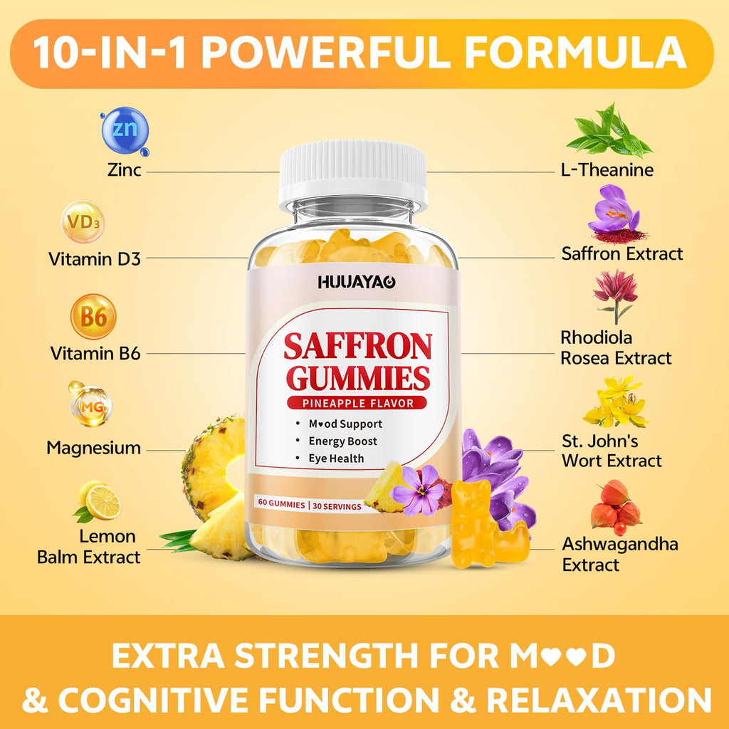 10-IN-1 Saffron Gummies – Sugar Free Mood & Focus Support (Pineapple, 120 Count)