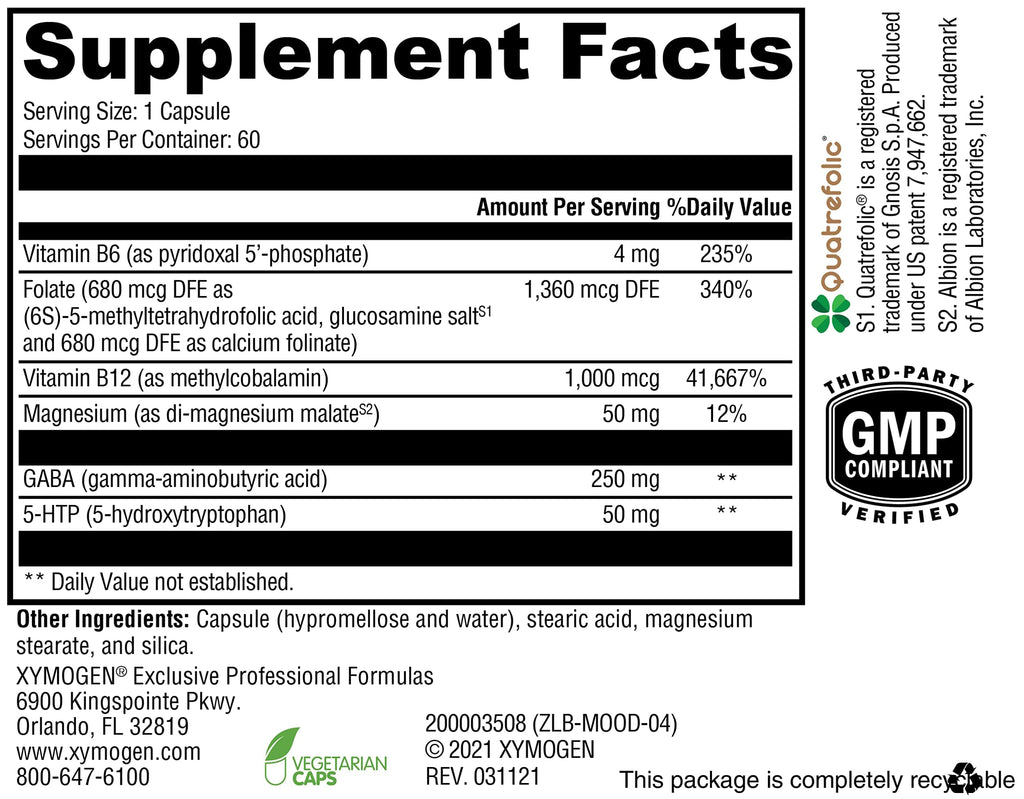 XYMOGEN Mood Food – Mood Support with GABA, 5-HTP & B Vitamins (60 capsules)