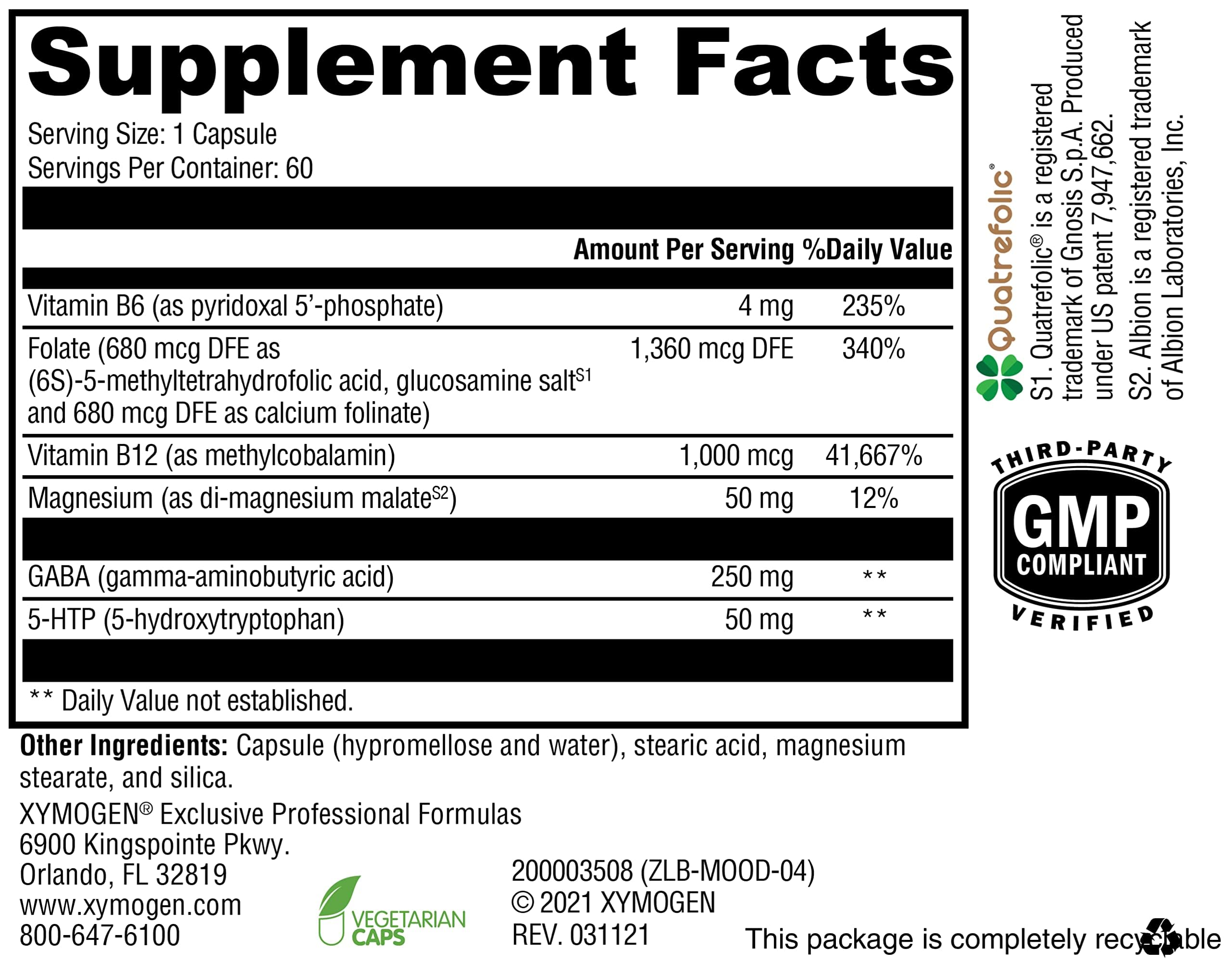 XYMOGEN Mood Food – Mood Support with GABA, 5-HTP & B Vitamins (60 capsules)