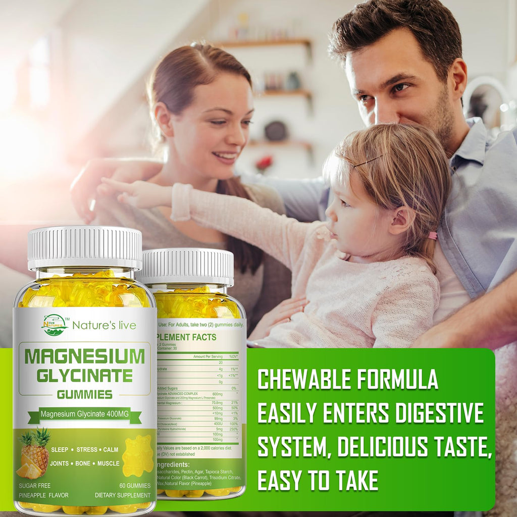 Sugar Free Magnesium Glycinate Gummies – 400mg Glycinate + 200mg L-Threonate, 60 Gummies