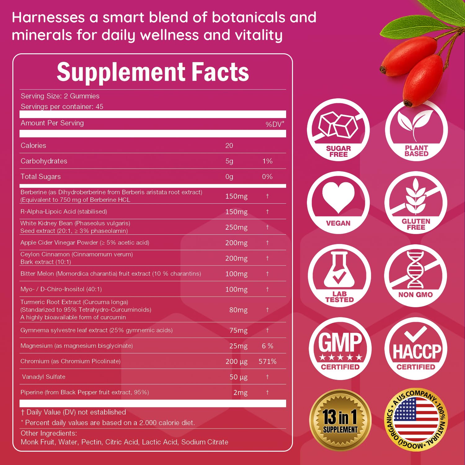Moogǔ Organics Berberine Gummies – Turmeric, Cinnamon, Alpha-Lipoic Acid (90 ct)