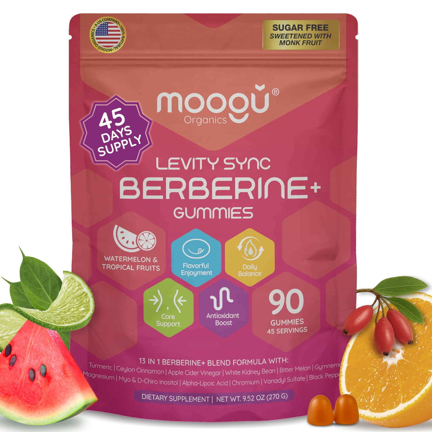 Moogǔ Organics Berberine Gummies – Turmeric, Cinnamon, Alpha-Lipoic Acid (90 ct)