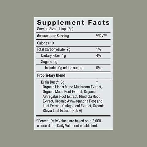 Moon Juice Brain Dust - Adaptogenic Mushroom Support for Focus, Memory & Clarity | Lion’s Mane, Ginkgo Biloba & Ashwagandha - Caffeine-Free, Vegan - 1.5 oz