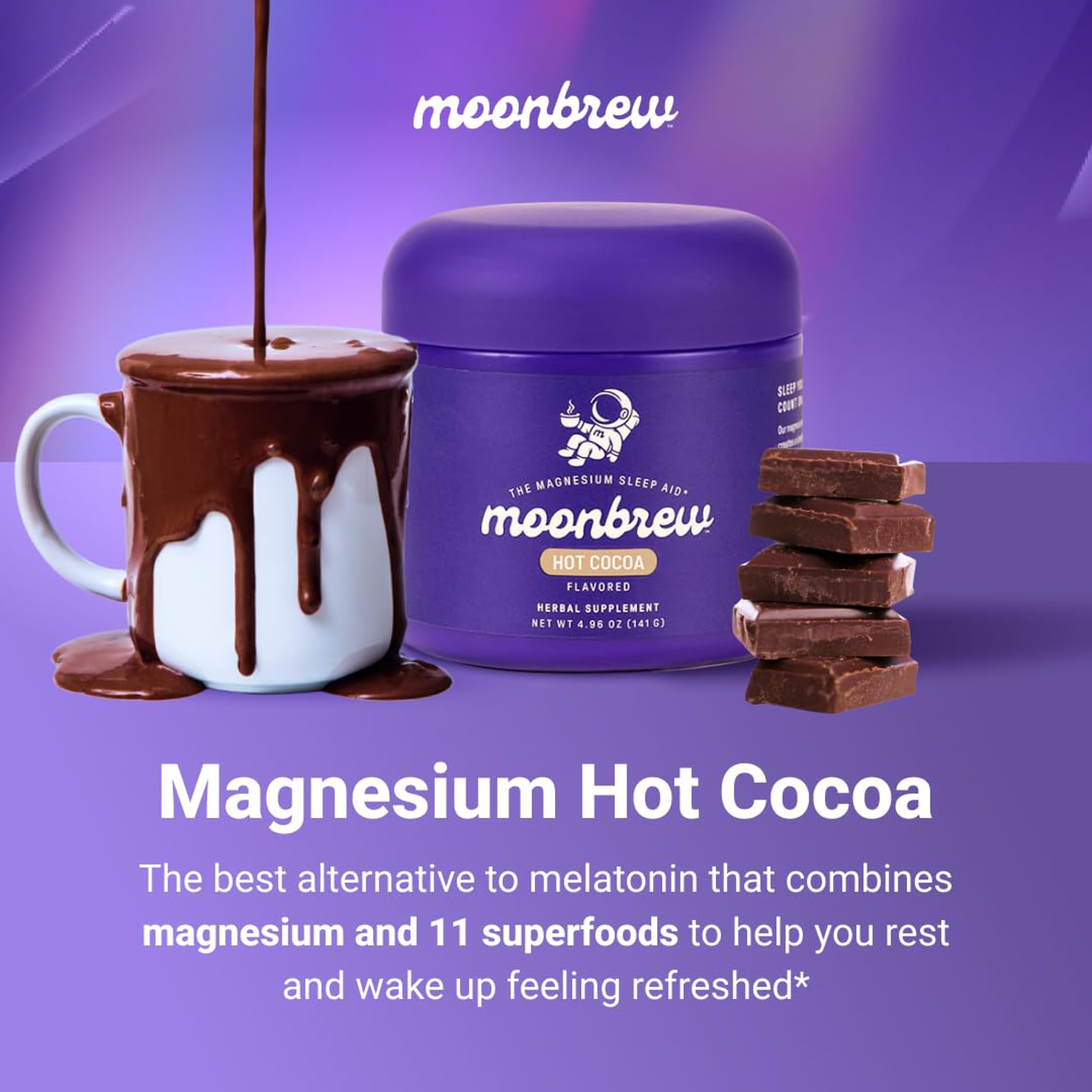 MoonBrew Nighttime Magnesium Hot Cocoa – Sleep Support (Melatonin-Free) with L-Theanine & Chamomile