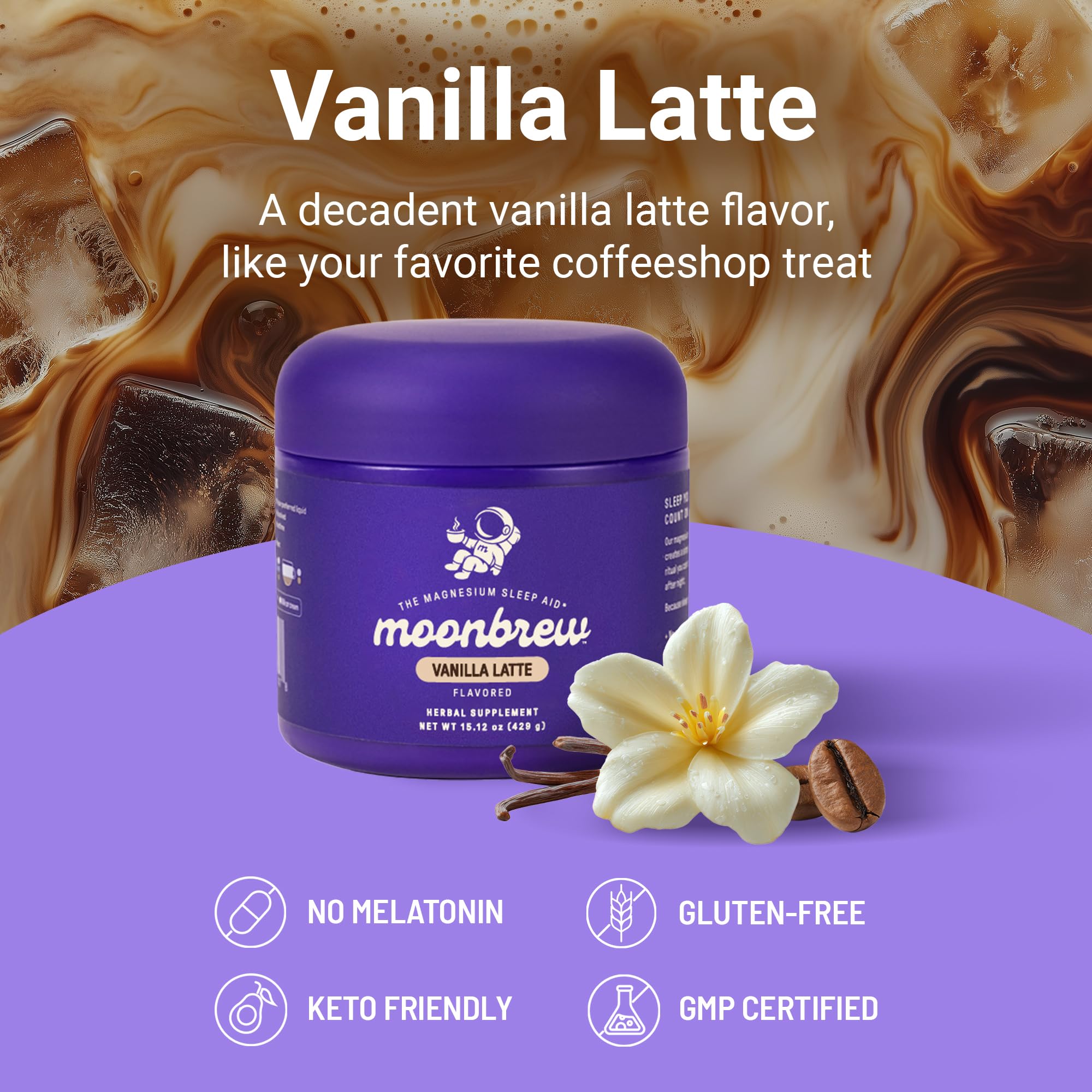 MoonBrew Nighttime Magnesium Vanilla Latte Mix — Melatonin-Free Sleep Drink with Magnesium Glycinate, L-Theanine & Chamomile