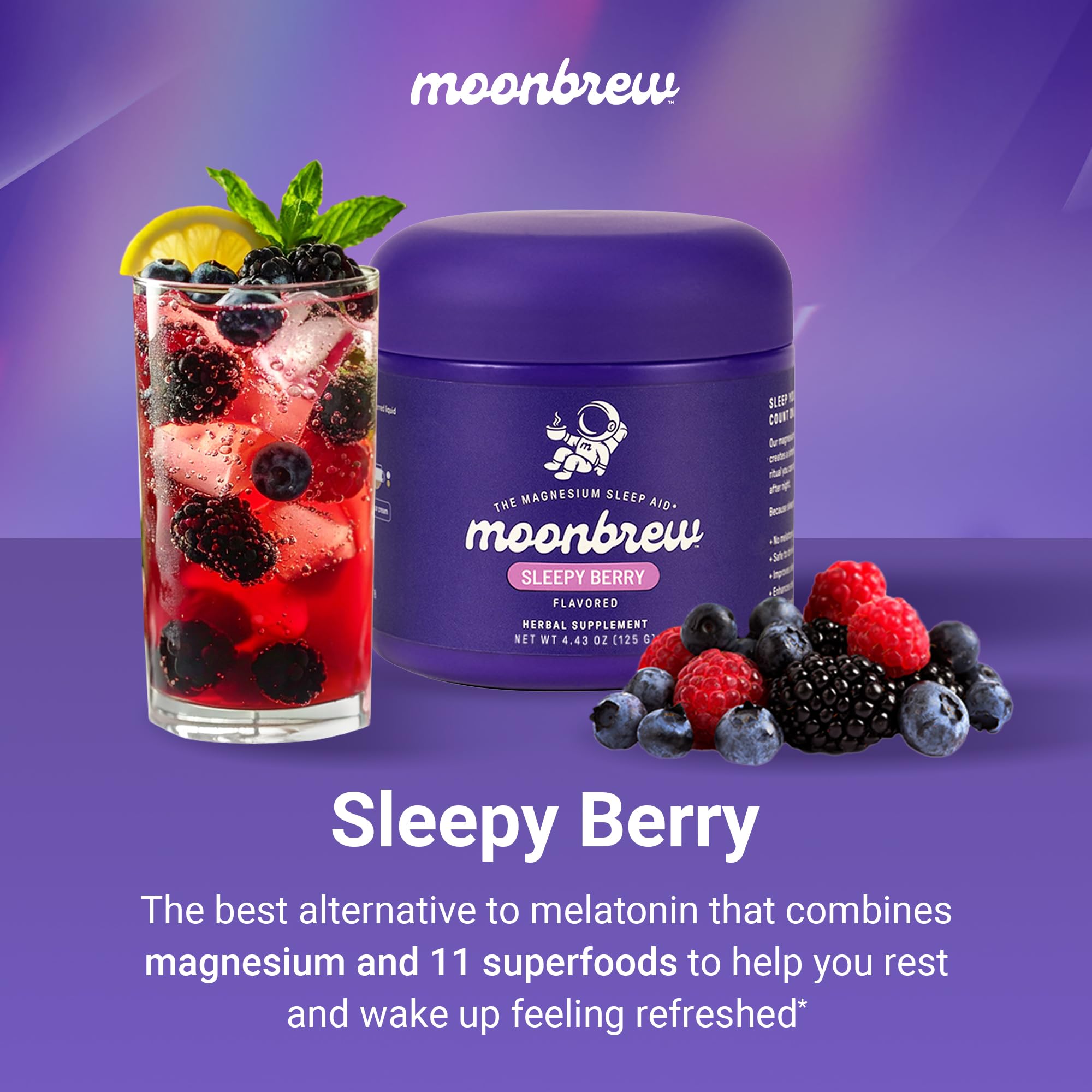 MoonBrew Nighttime Magnesium Sleepy Berry Smoothie – Melatonin-Free Sleep Support for Adults (25 Servings)