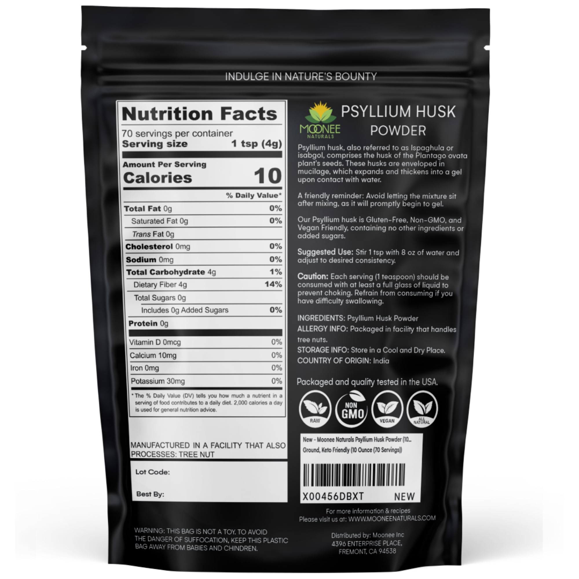 Moonee Naturals Psyllium Husk Powder - 10 oz, Gluten Free, Keto