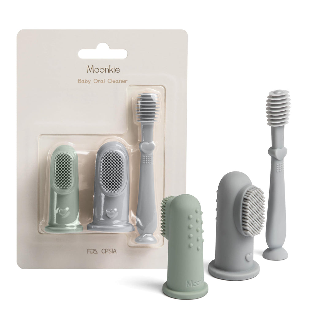 Moonkie Baby Finger Toothbrush & Tongue Cleaner Kit – 3 Months+, 3 Pcs (Blue/Mint/Blue)
