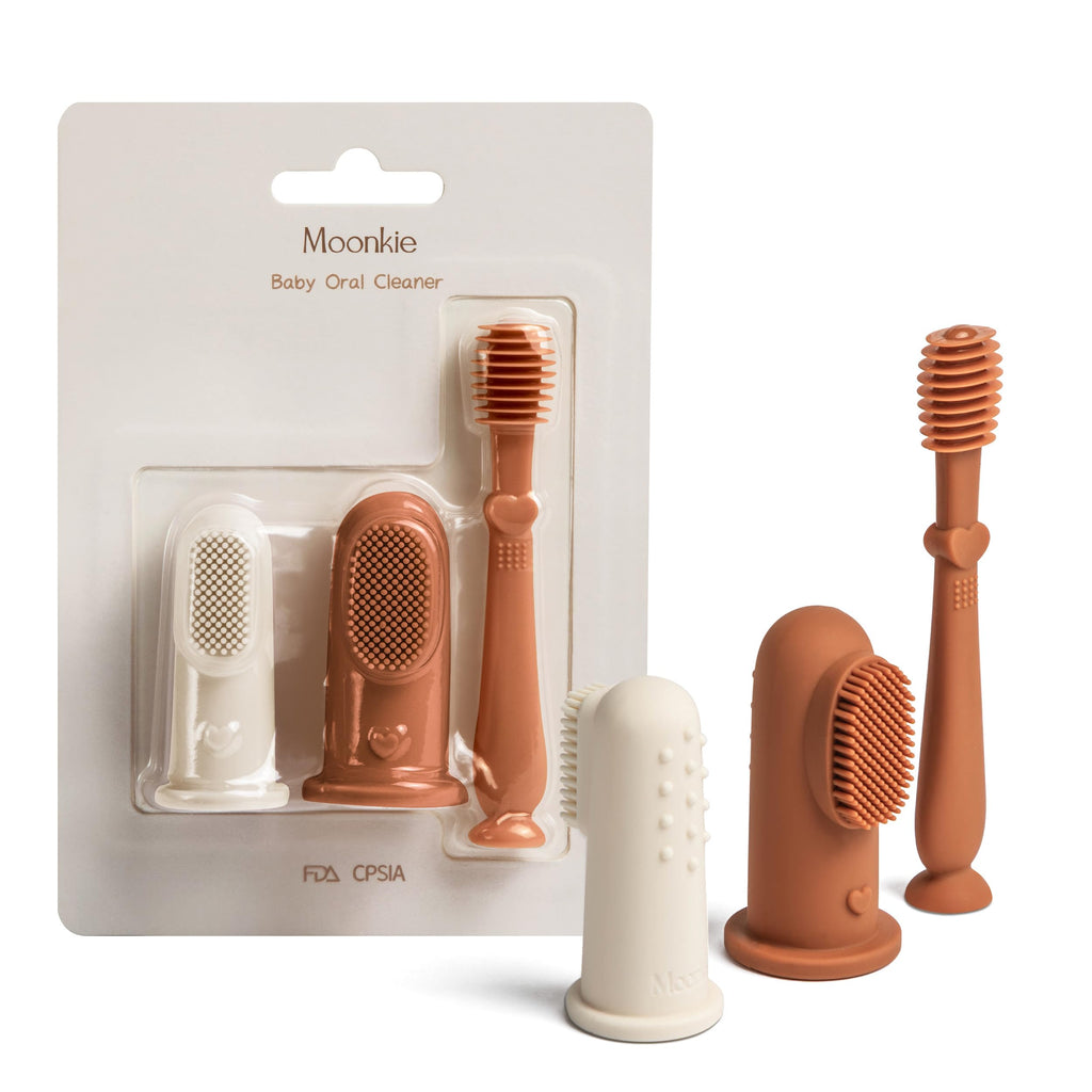 Moonkie Baby Finger Toothbrush Tongue Cleaner Kit – 3 Months+ (3 Pcs) – Clay/Ivory/Clay