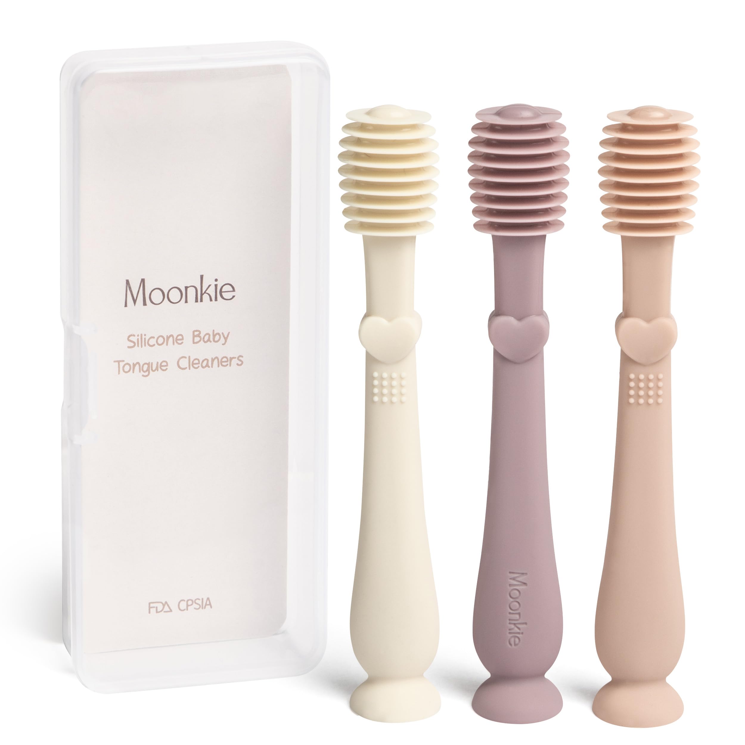 Moonkie Baby Tongue Cleaner 3-Pack – Silicone Oral Care Kit (Blush, Pale Mauve, Ivory)