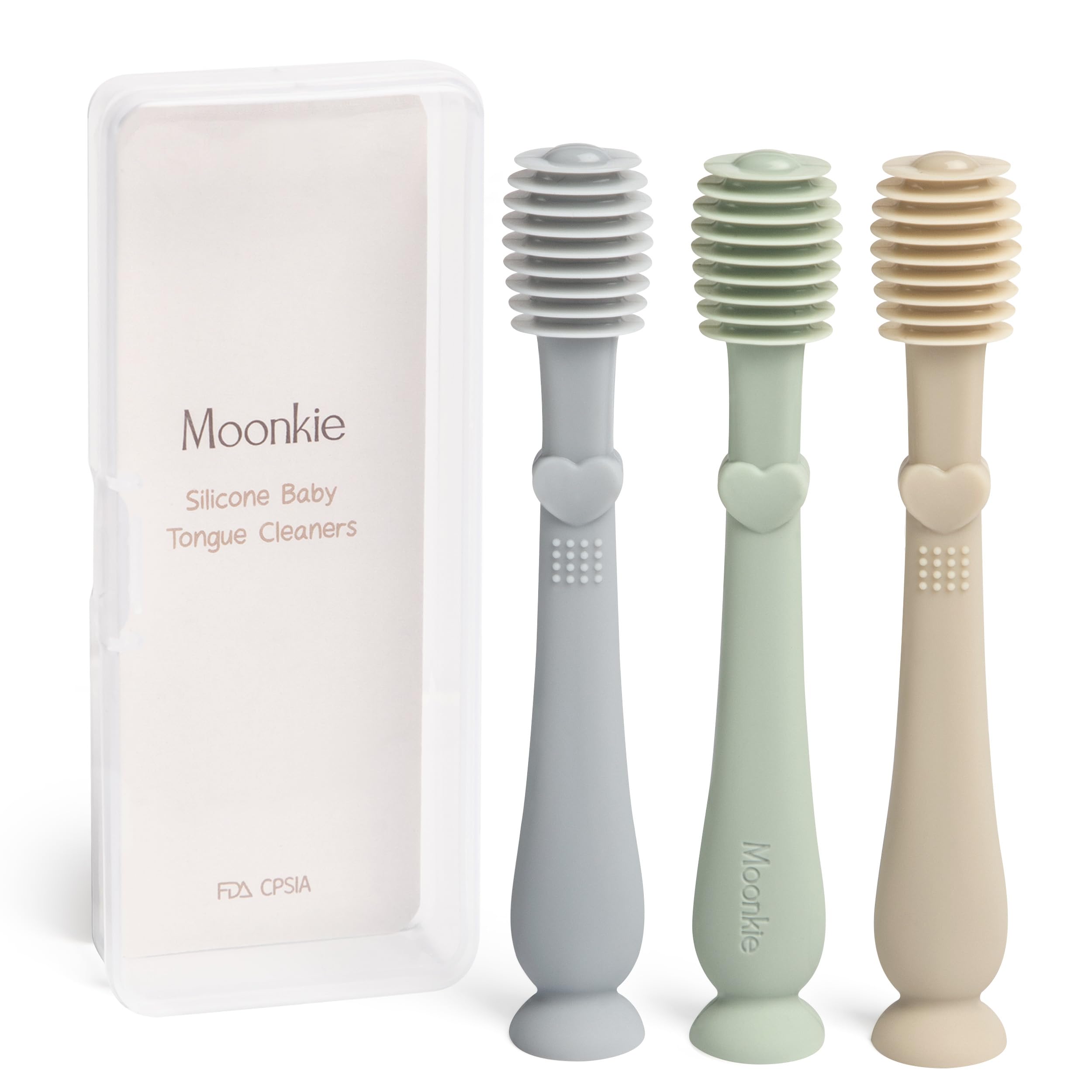 Moonkie Baby Tongue Cleaner 3-Piece Set | Silicone Baby Oral Care Kit for 3 Months+ (Blue/Mint/Sand)