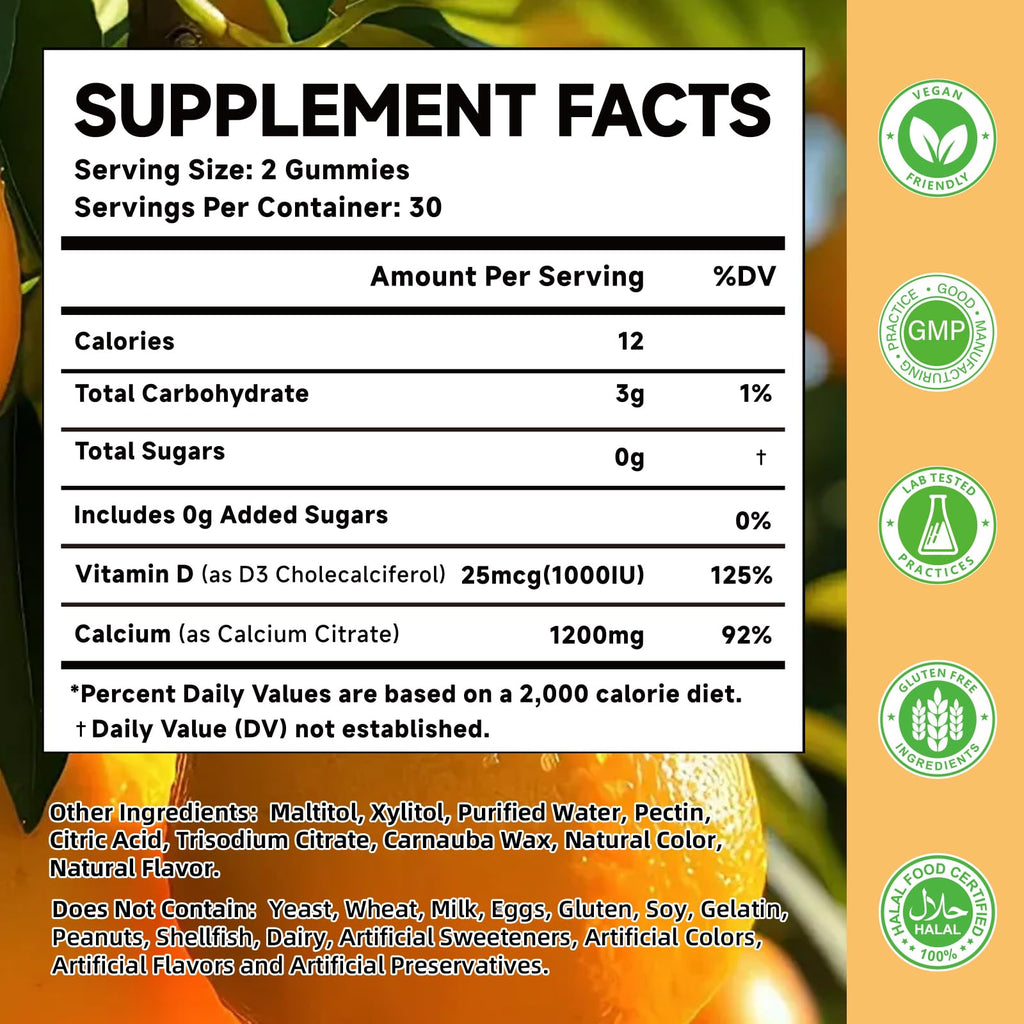 MOORGUMY Calcium Citrate Gummies – 1200mg Calcium + 1000IU Vitamin D3 | Orange, 120 Count