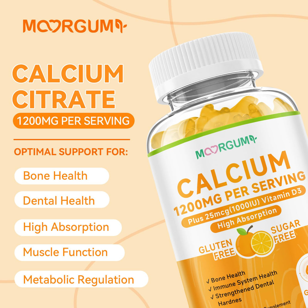 MOORGUMY Calcium Citrate Gummies – 1200mg Calcium + 1000IU Vitamin D3 | Orange, 120 Count