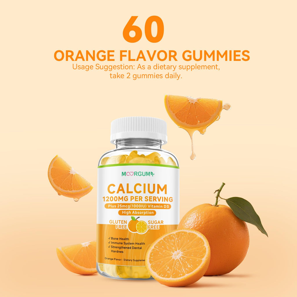 MOORGUMY Calcium Citrate Gummies – 1200mg Calcium + 1000IU Vitamin D3 | Orange, 120 Count